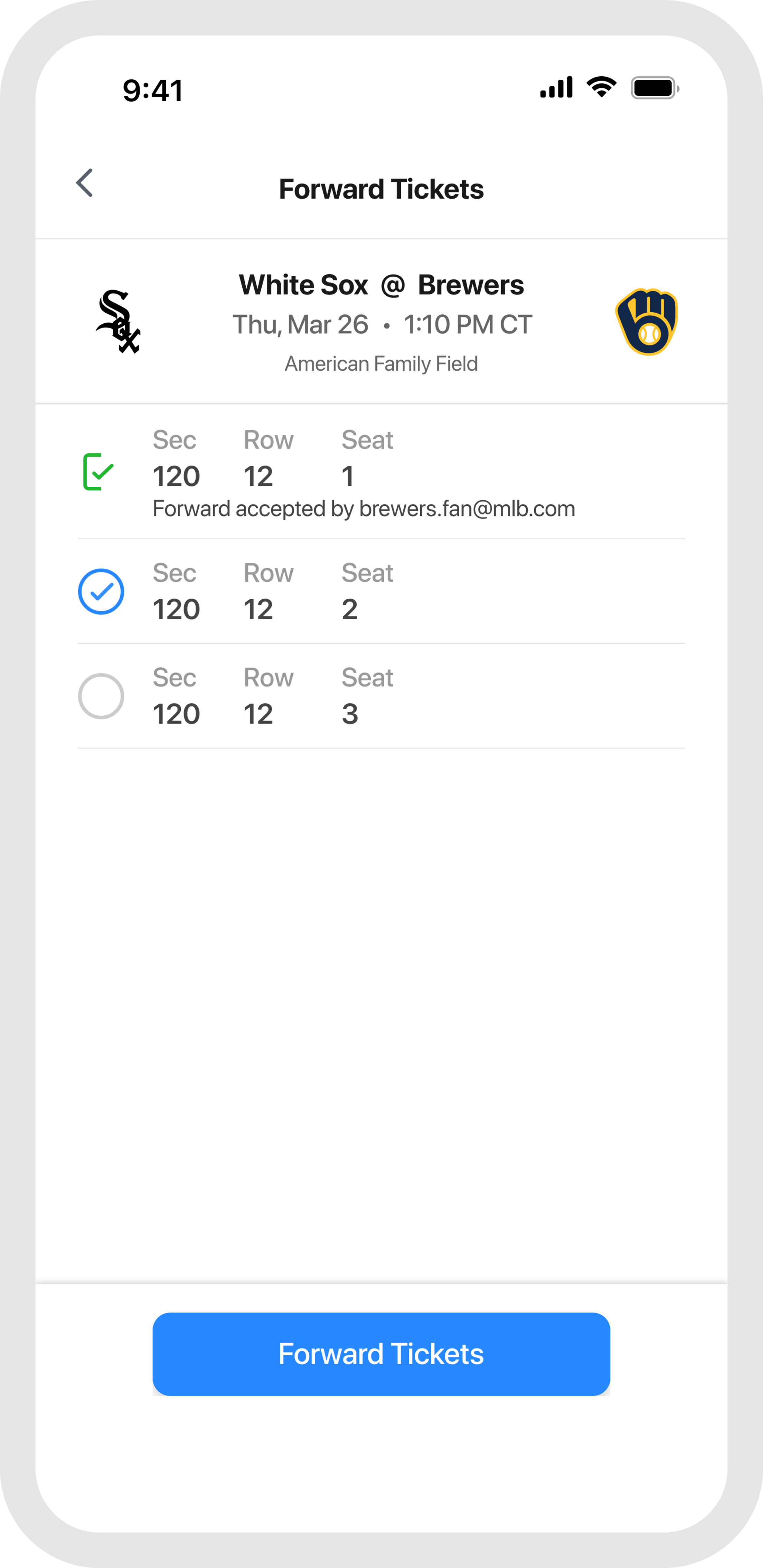 MLB Ballpark App - Select Tickets for Forwarding