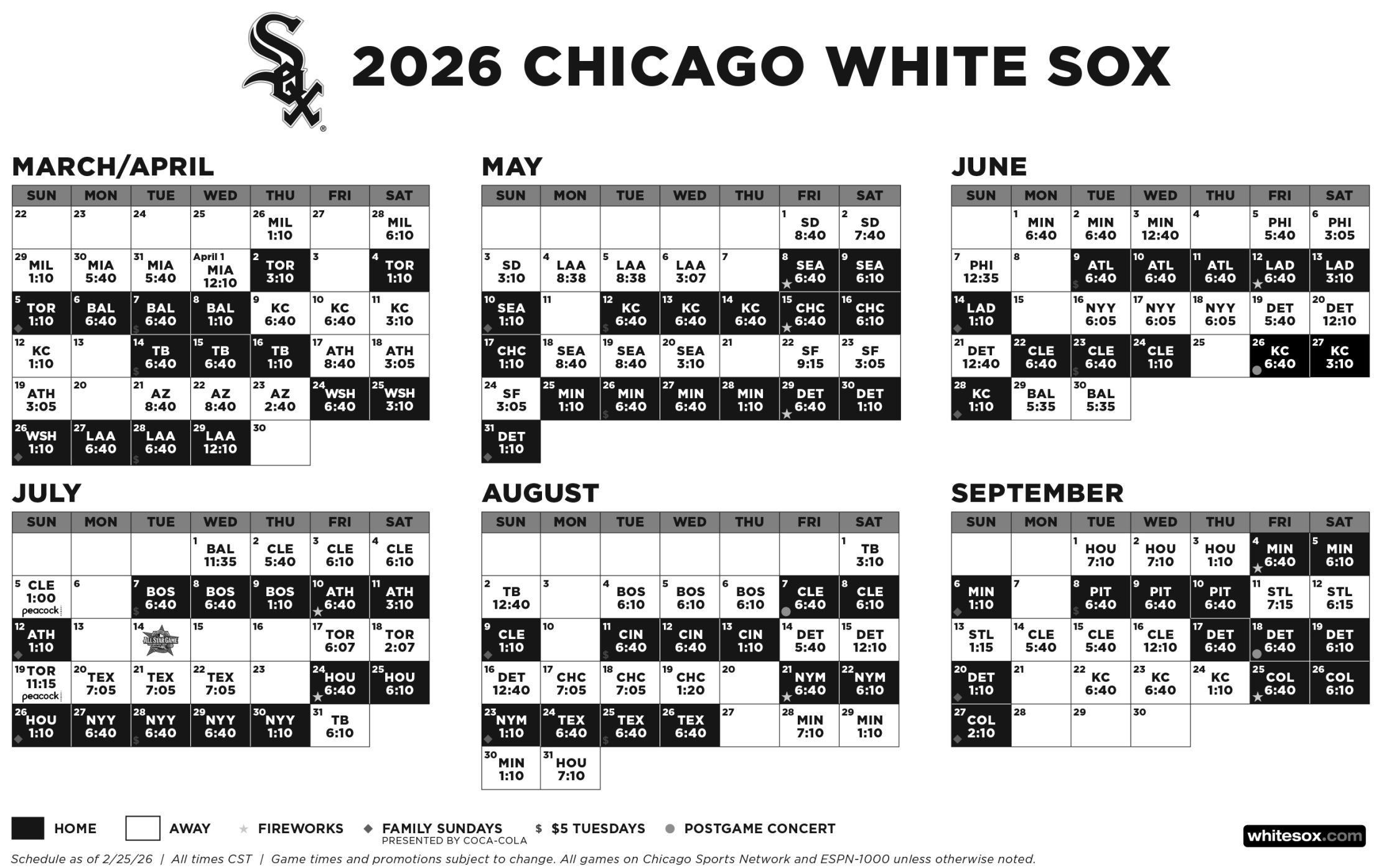 2026 White Sox Printable Schedule
