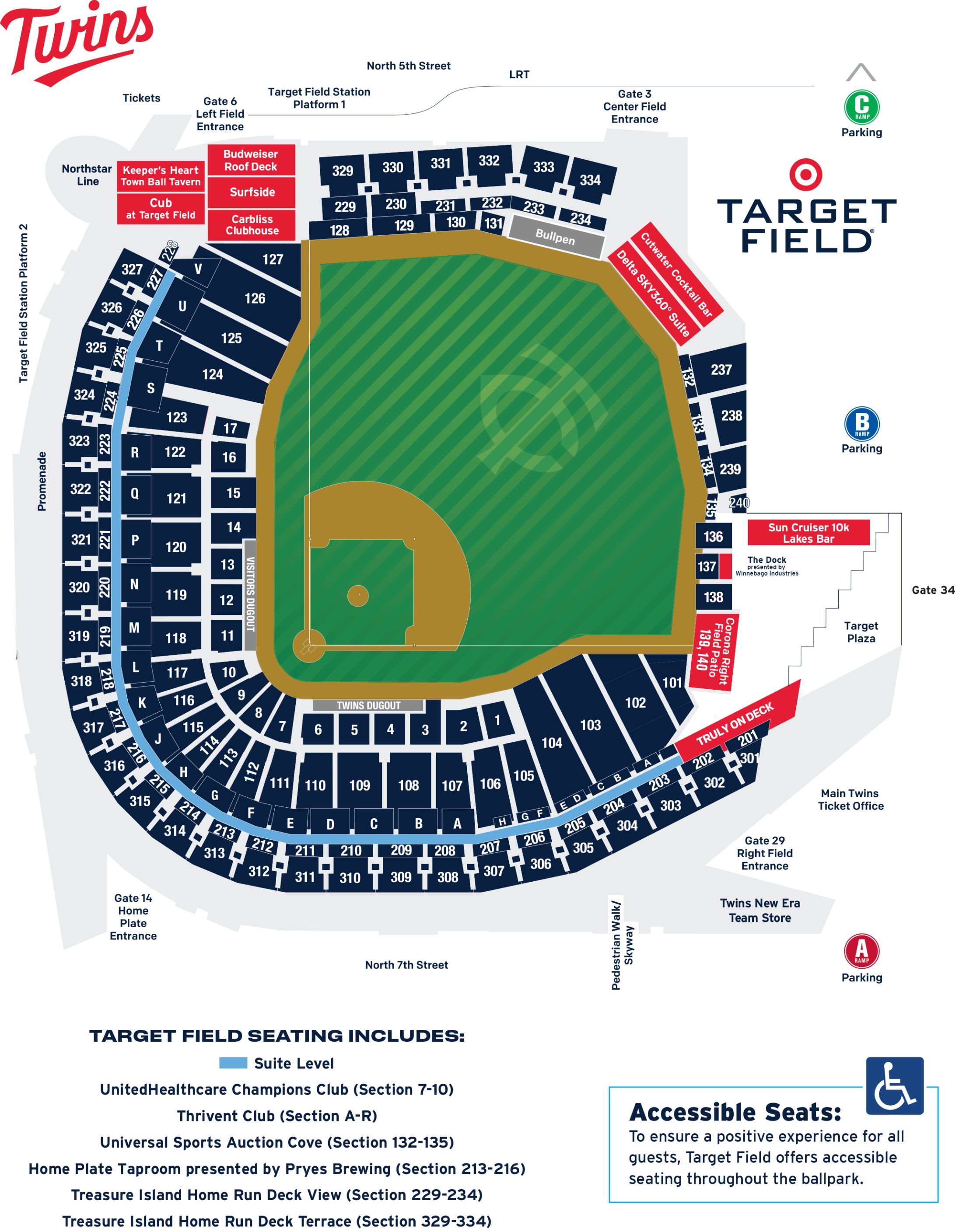 Minnesota Twins Seating Map. Accessible Seats: To ensure a positive experience for all guests, Target Field offers accessible seating throughout the ballpark.