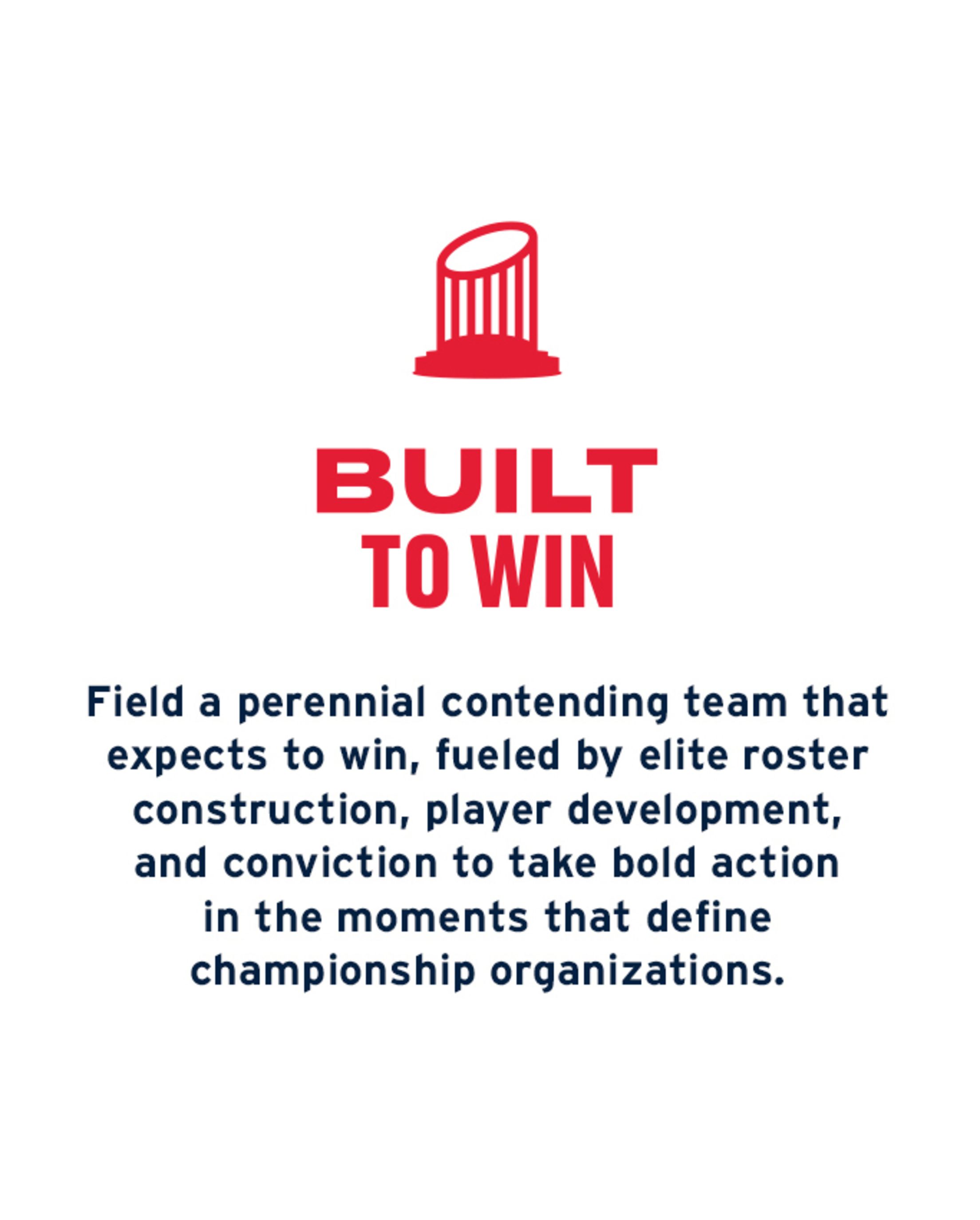 Built to Win: Field a perennial contending team that expects to win, fueled by elite roster construction, player development, and conviction to take bold action in the moments that define championship organizations.