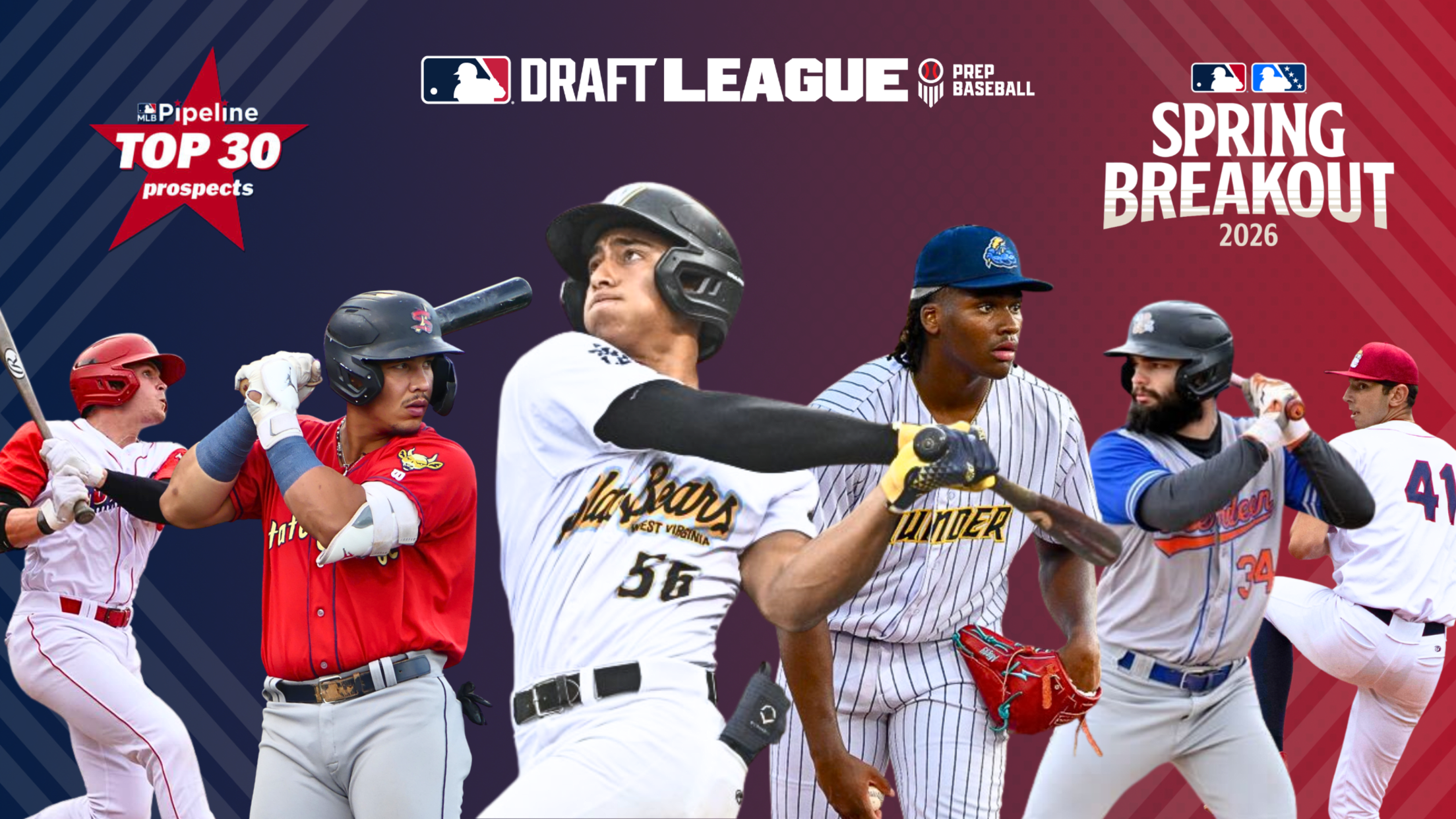 Graphic shows six MLB Draft League players who were either named to MLB Pipeline's Top 30 prospects or were on a Spring Breakout roster.