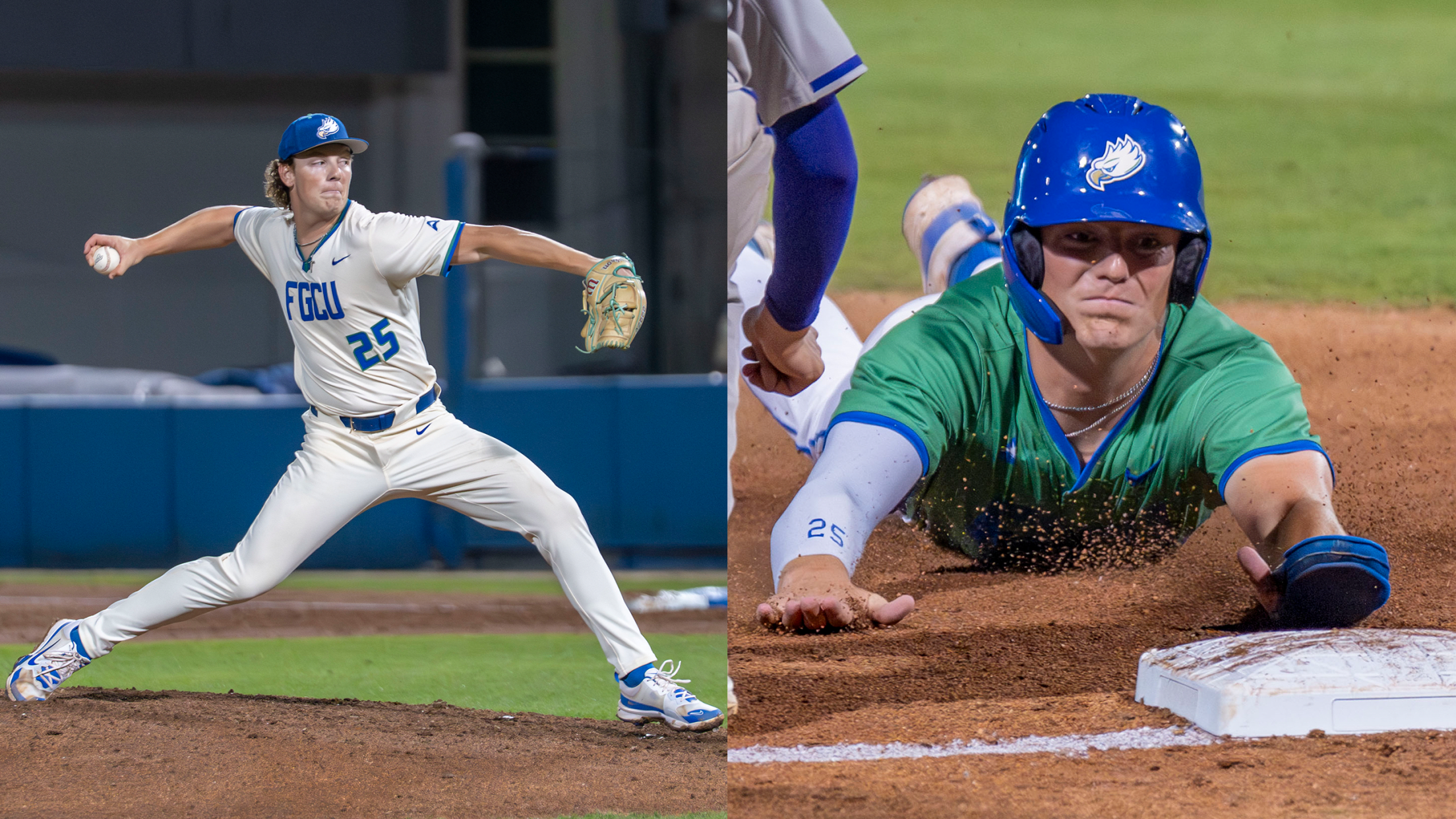 Split shot of FGCU's Evan Dempsey: On the left, he is throwing a pitch. On the right, he is sliding into third base.