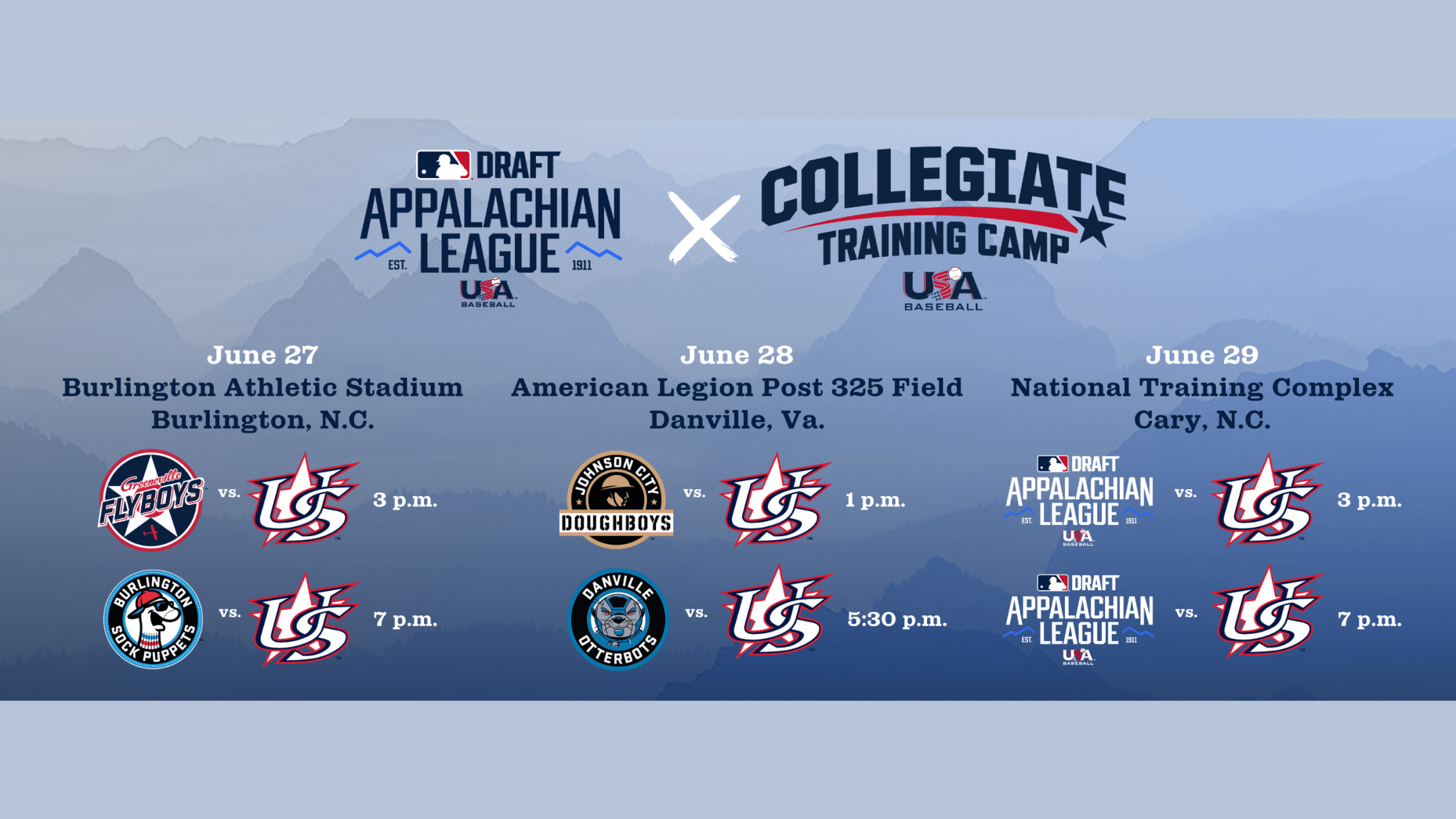 Appalachian League teams (GRN/BUR on June 27, JC/DAN on June 28, AS team on June 29) to play USAB Collegiate National Team.