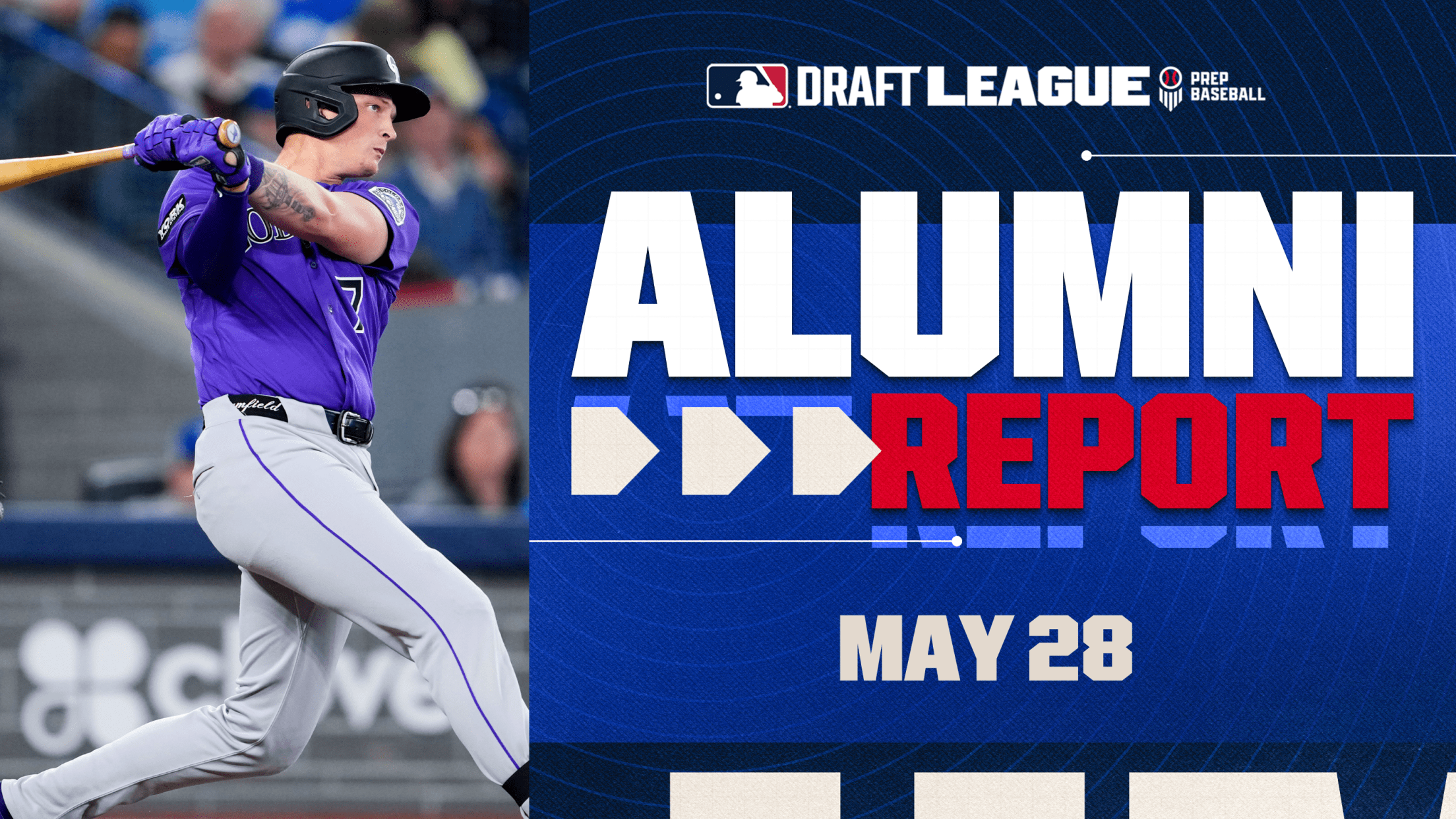 MLB Draft League Alumni Report - May 28 (Featuring a photo of TJ Rumfield batting for the Colorado Rockies at Rogers Centre)
