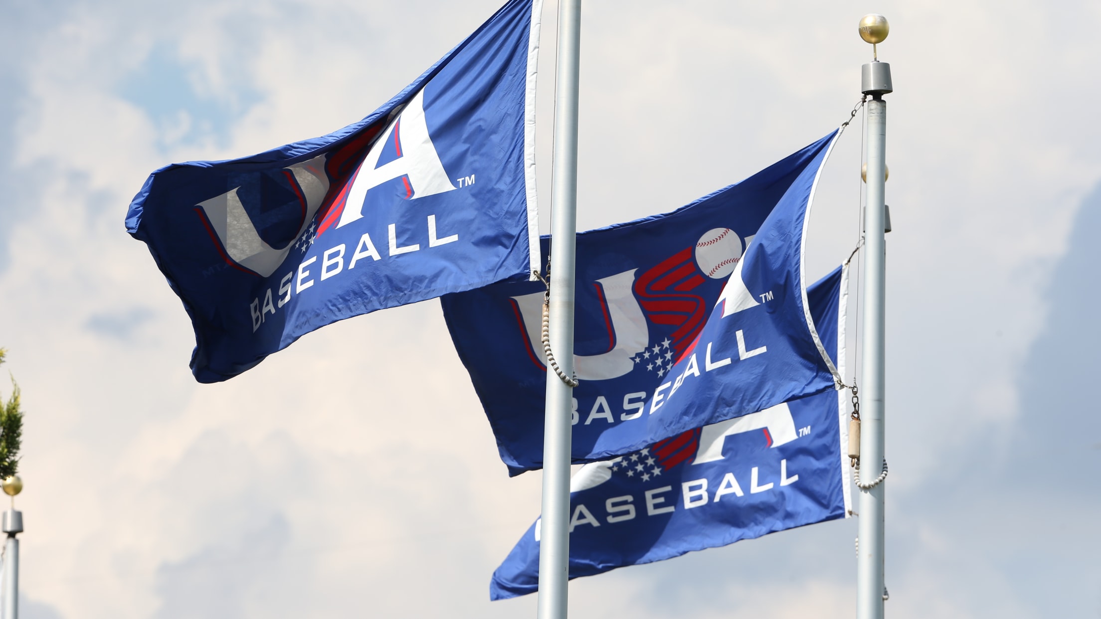 USA Baseball flags on flagpoles at the National Training Complex