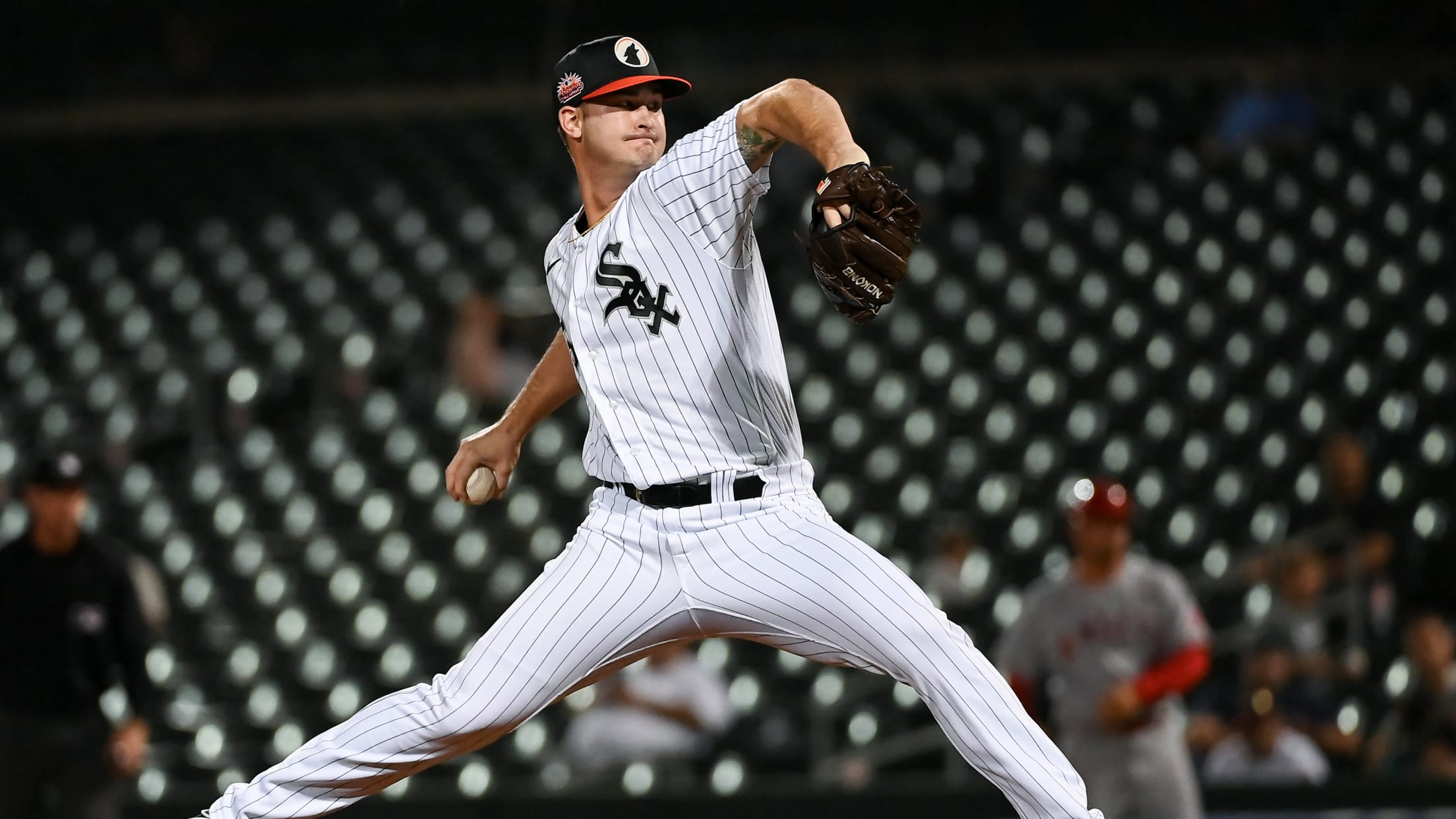 White Sox right-handed pitcher Jordan Leasure delivers a pitch during the 2023 Fall Stars Game in the Arizona Fall League.