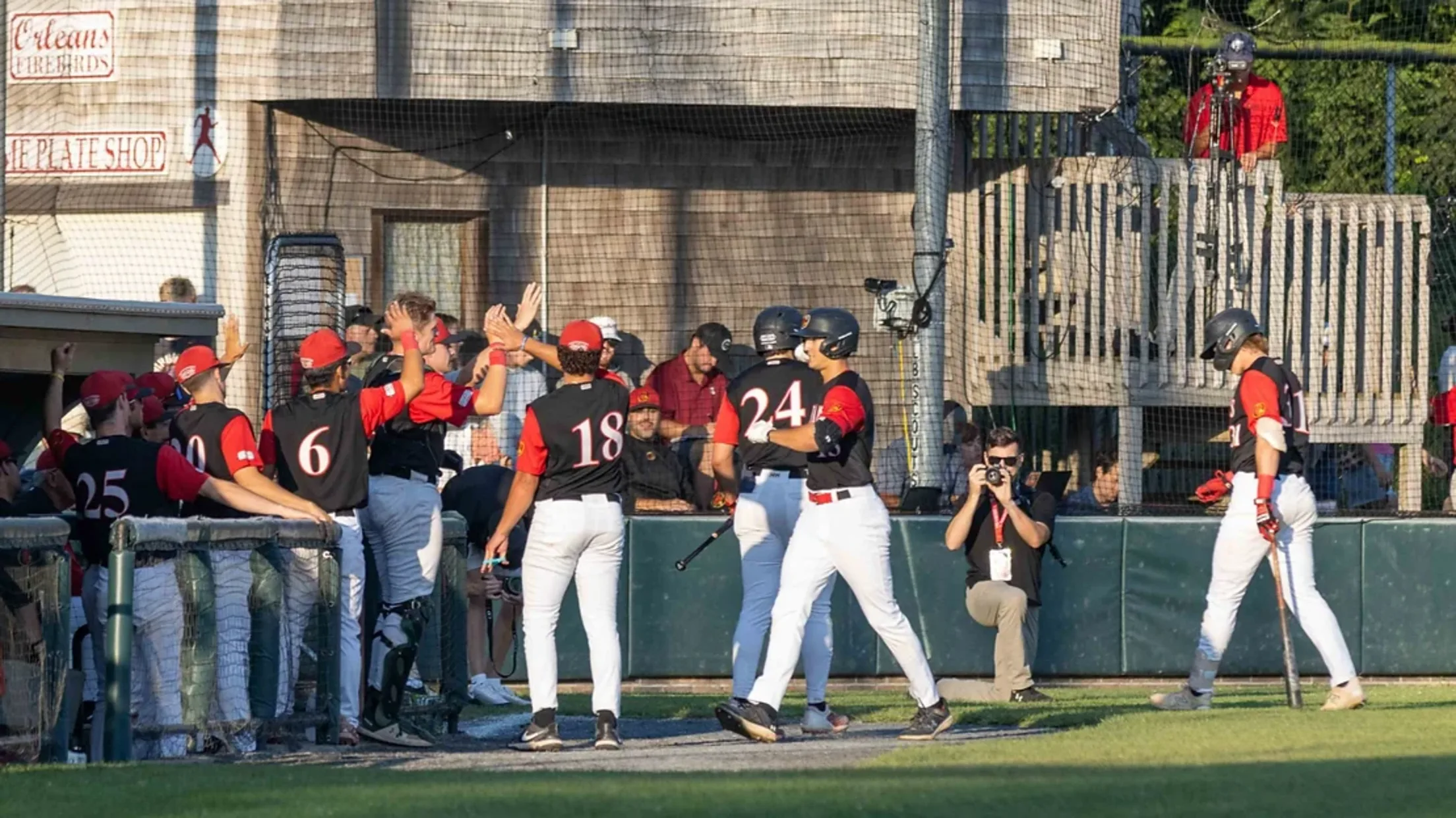 Orleans Firebirds players greet each other at the top step of the dugout.