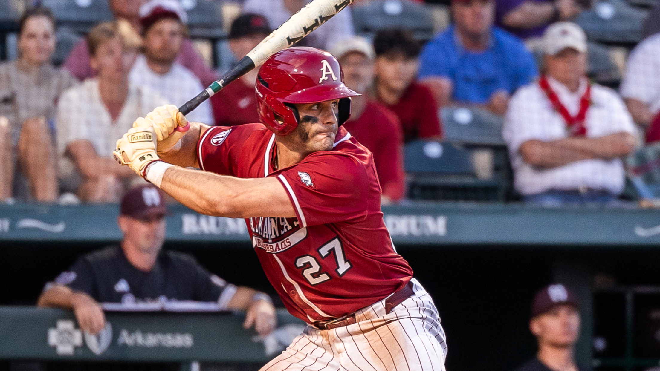 Arkansas catcher Ryder Helfrick in his batting stance vs. Mississippi State