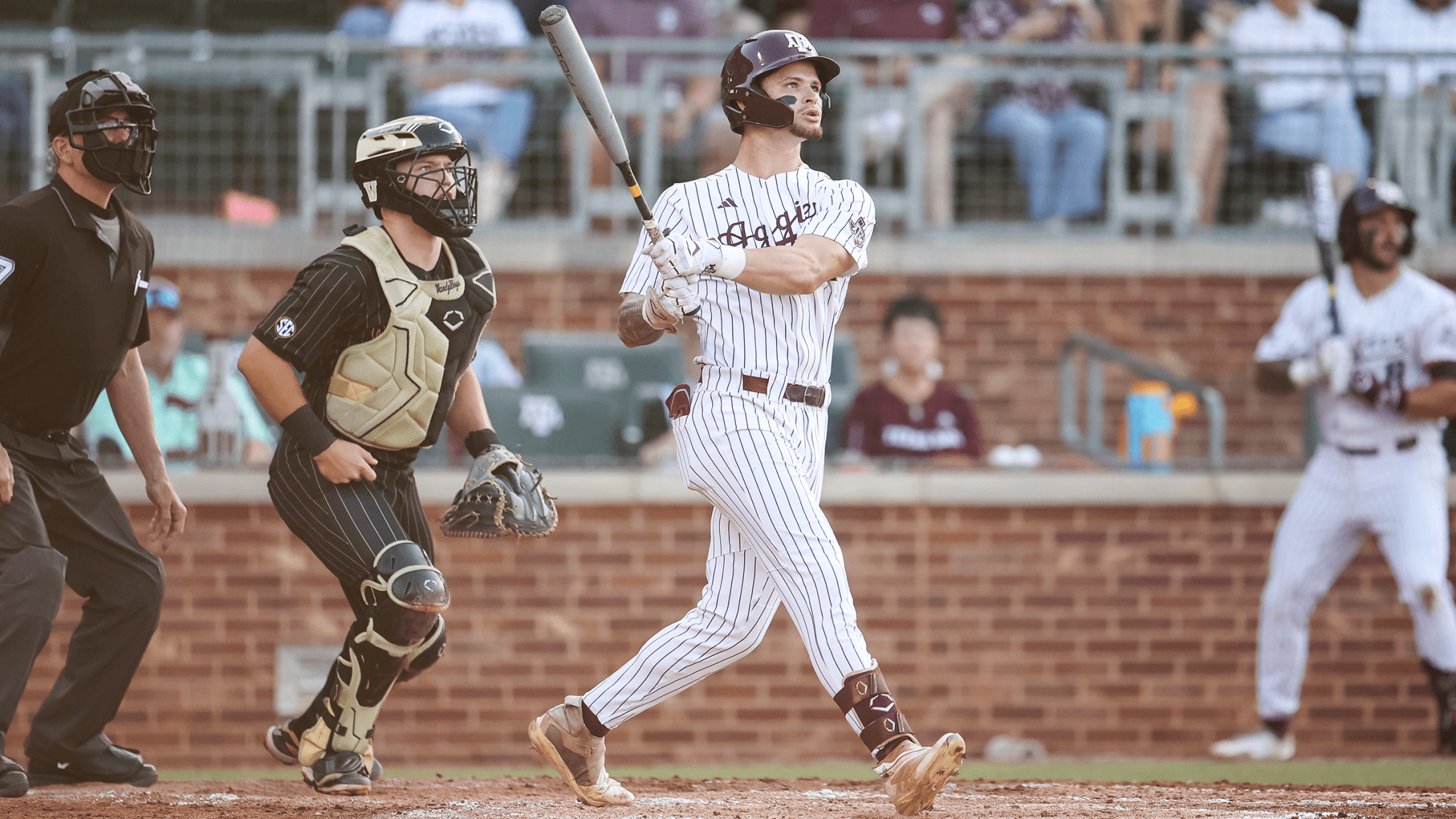 Texas A&M outfielder Caden Sorrell watches his ball fly against Vanderbilt