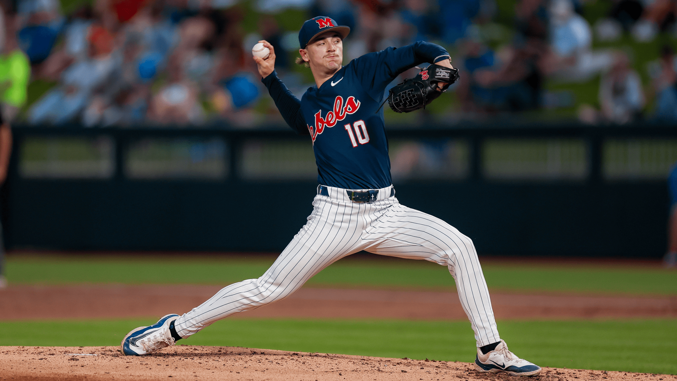 Ole Miss pitcher Cade Townsend mid-delivery