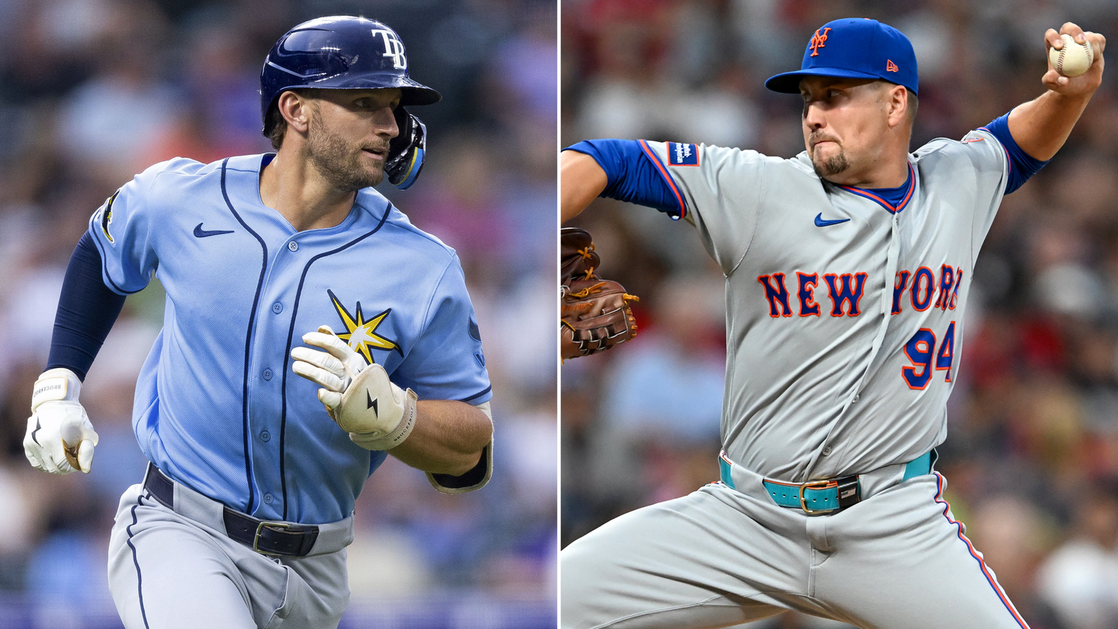 Kenny Piper (left) runs the bases for the Tampa Bay Rays while Nate Lavender (right) throws a pitch for the New York Mets.