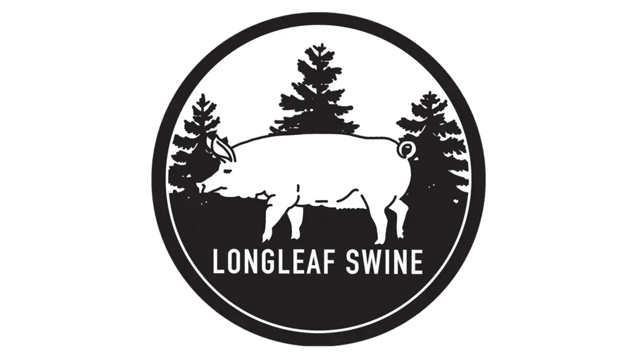 The logo for Longleaf Swine with a hog depicted in front of trees.