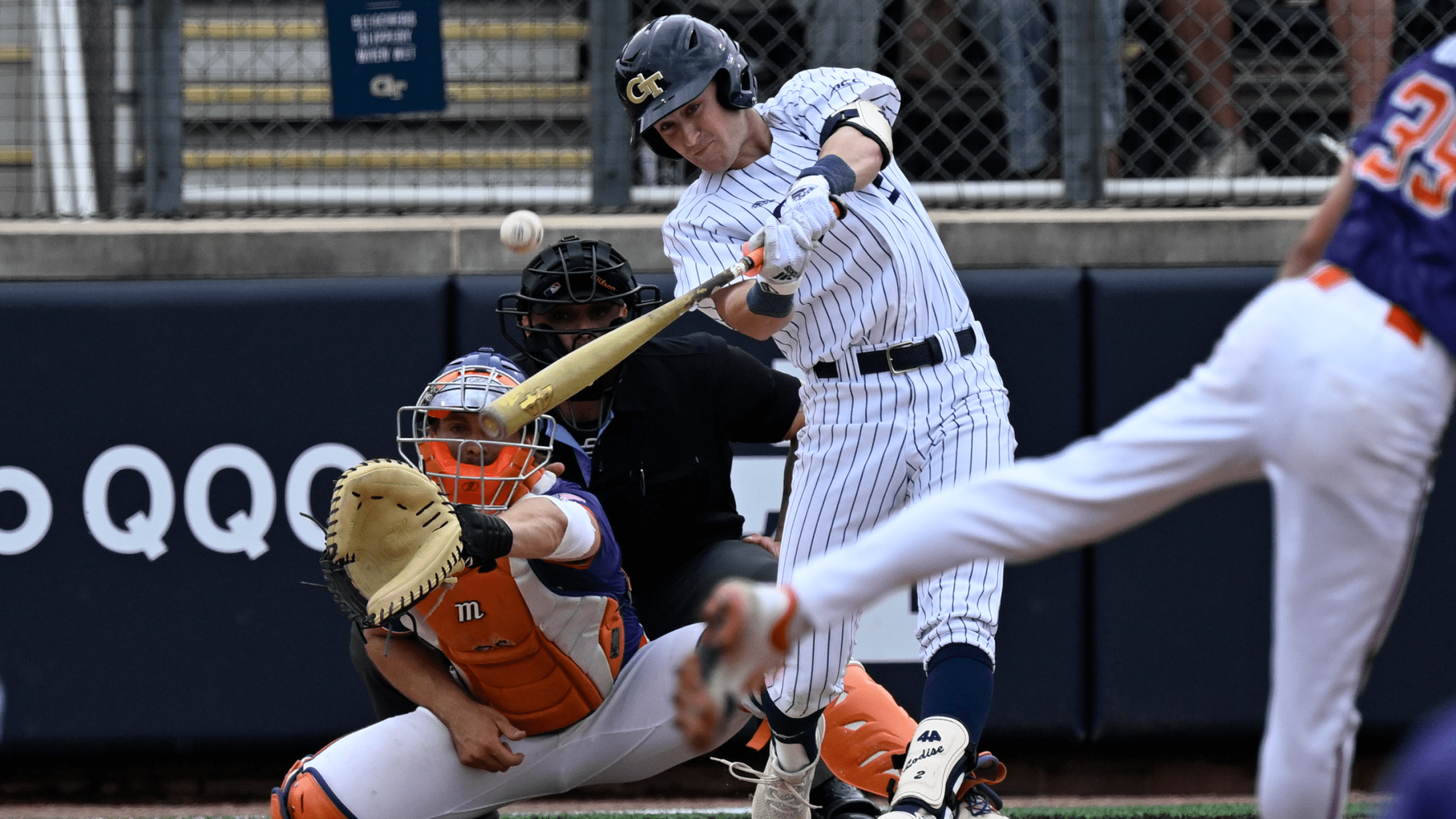 Georgia Tech infielder Kyle Lodise hits a ball in a game against Clemson.