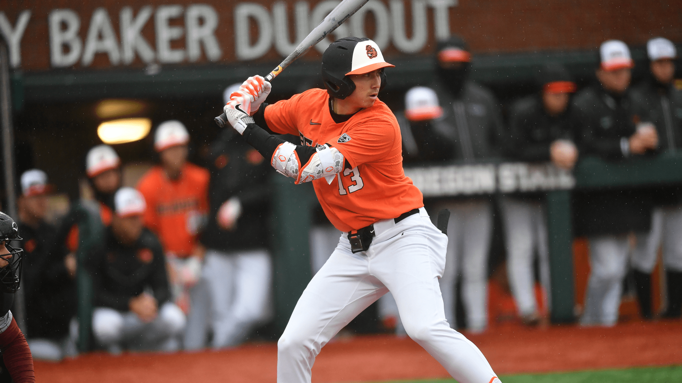Oregon State infielder Aiva Arquette in his batting stance at the plate.