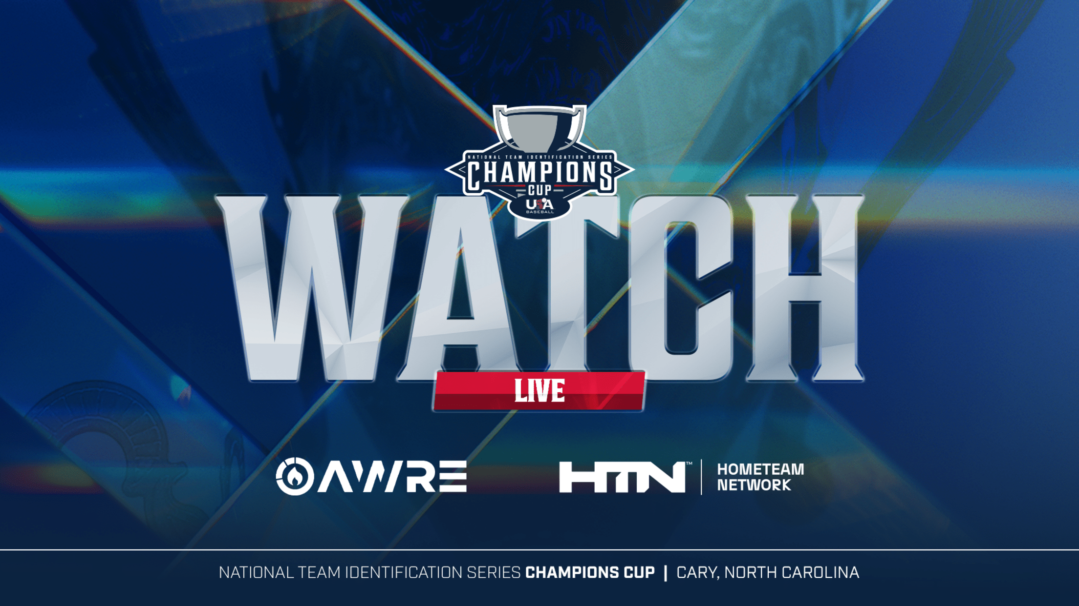 Graphic says "WATCH" in large letters with the National Team Identification Series logo above and "LIVE" below as well as the logos for AWRE and HOMETEAM NETWORK below the "LIVE"
