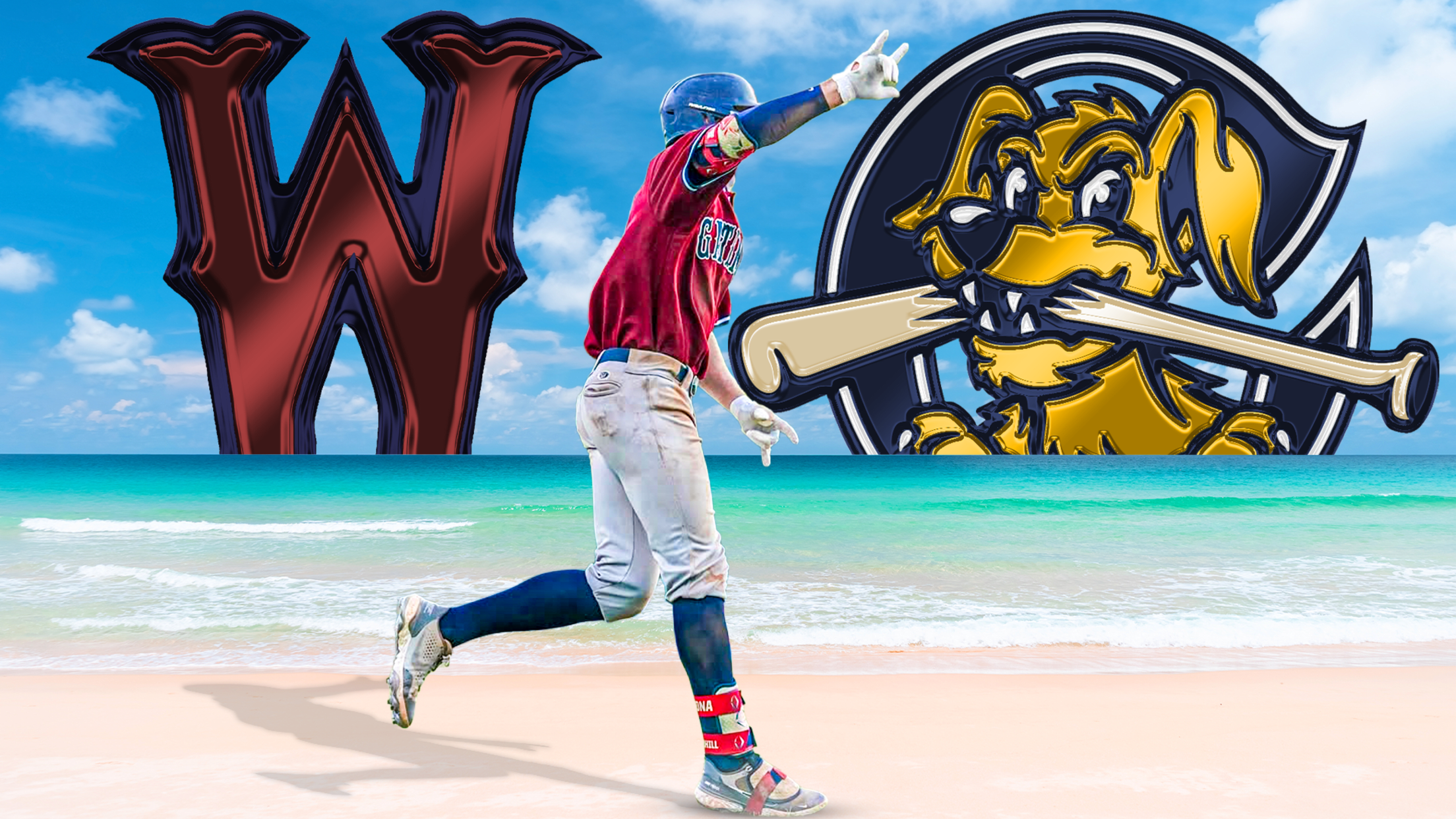 Wareham Gatemen alum Brendan Summerhill motions to the dugout in celebration on a graphic with the Wareham Gatemen and Charleston Riverdogs logos.