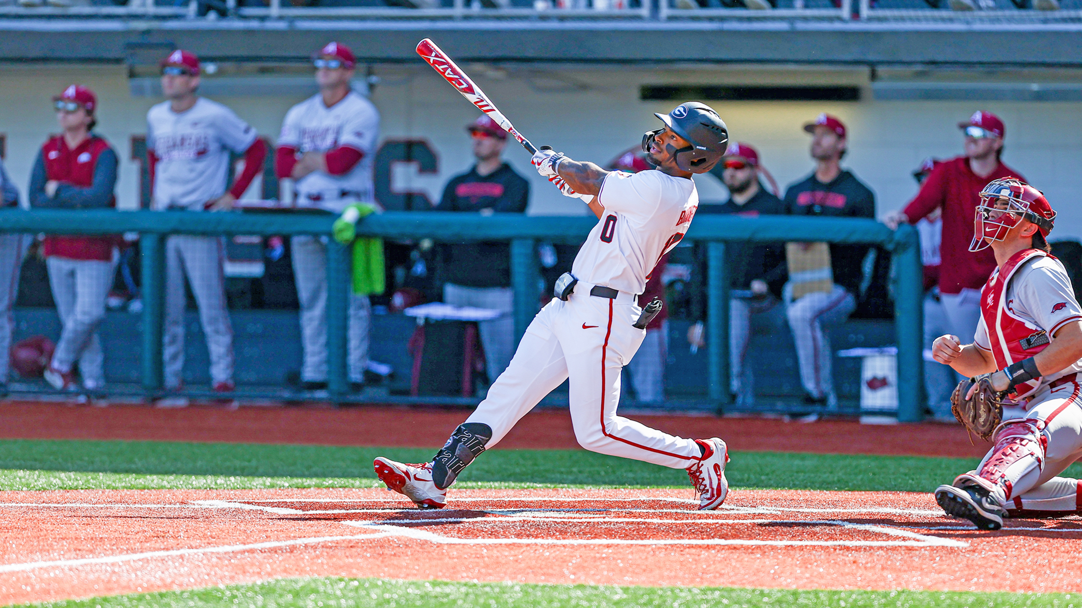 Georgia infielder/outfielder Robbie Burnett watches a ball after his swing.