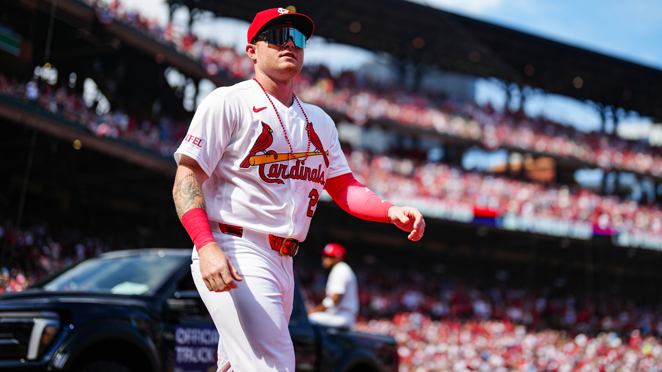 Nathan Church walks to the baseline at Busch Stadium as he's introduced as a member of the St. Louis Cardinals on Opening Day 2026.