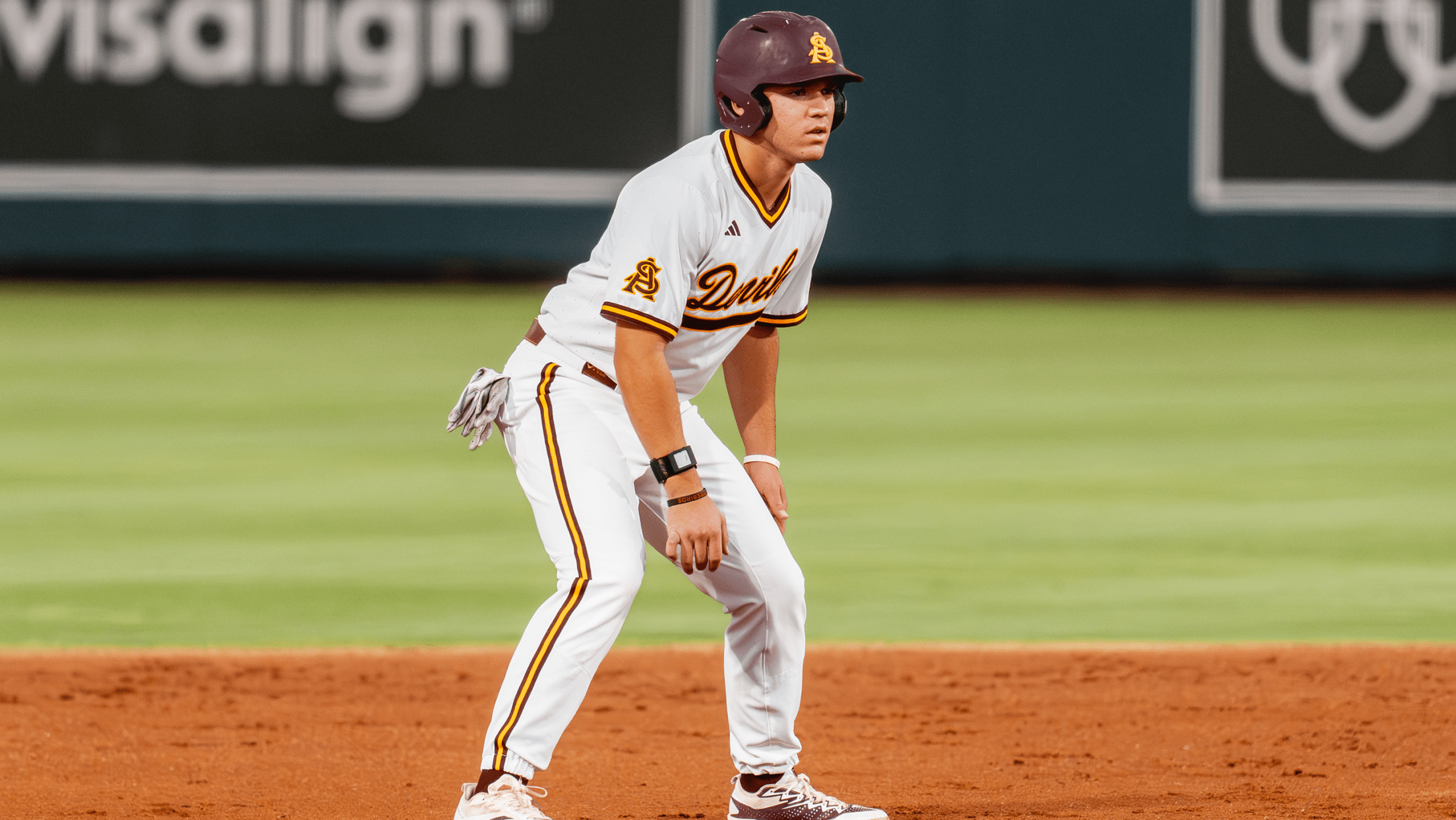 Arizona State outfielder Landon Hairston takes a lead off second base.