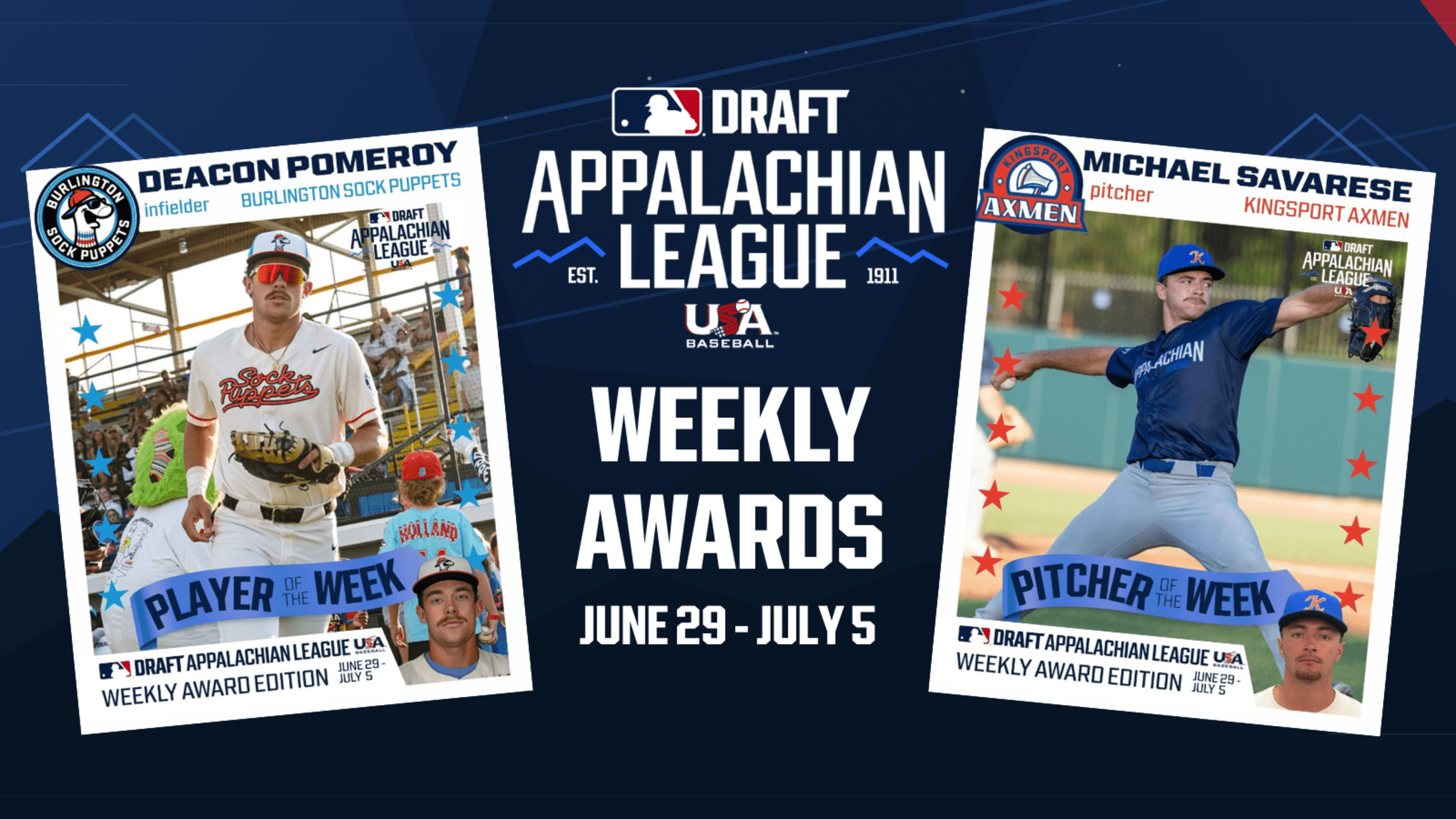 Appalachian League weekly honors: Deacon Pomeroy (Burlington) is Player of the Week and Michael Savarese (Kingsport) is Pitcher of the Week.