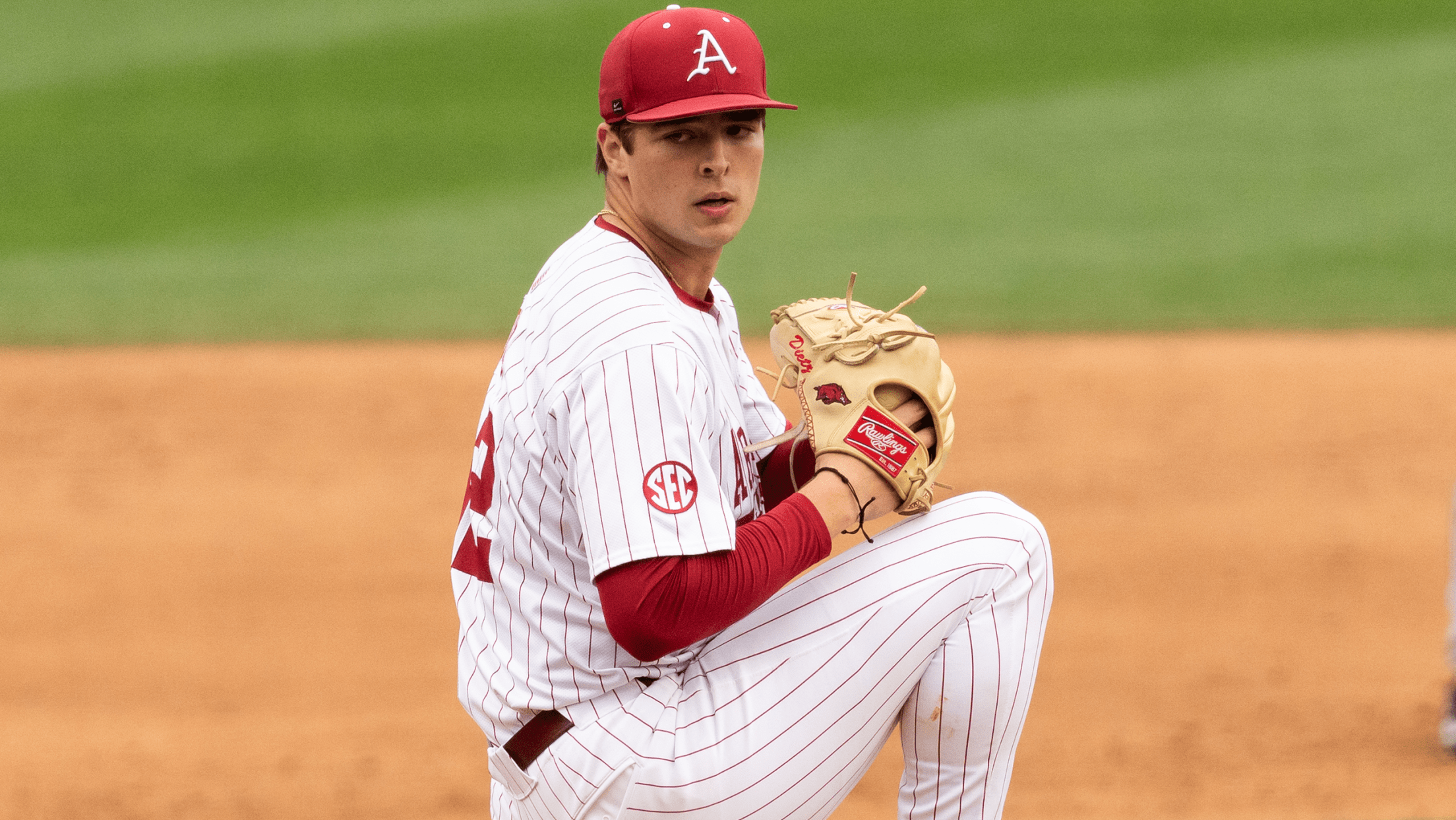 Arkansas pitcher Hunter Dietz mid-delivery
