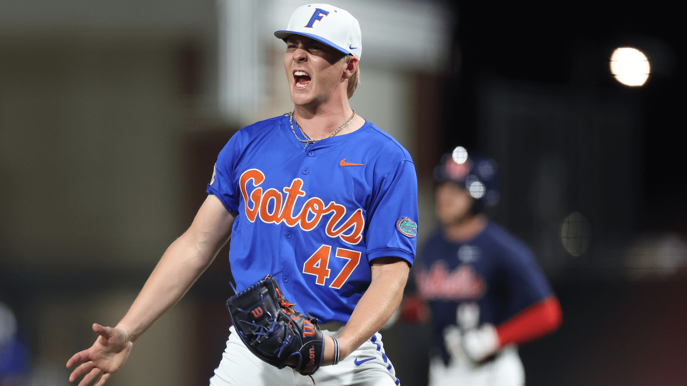 Florida pitcher Aidan King yells in celebration after recording an out against Ole Miss.