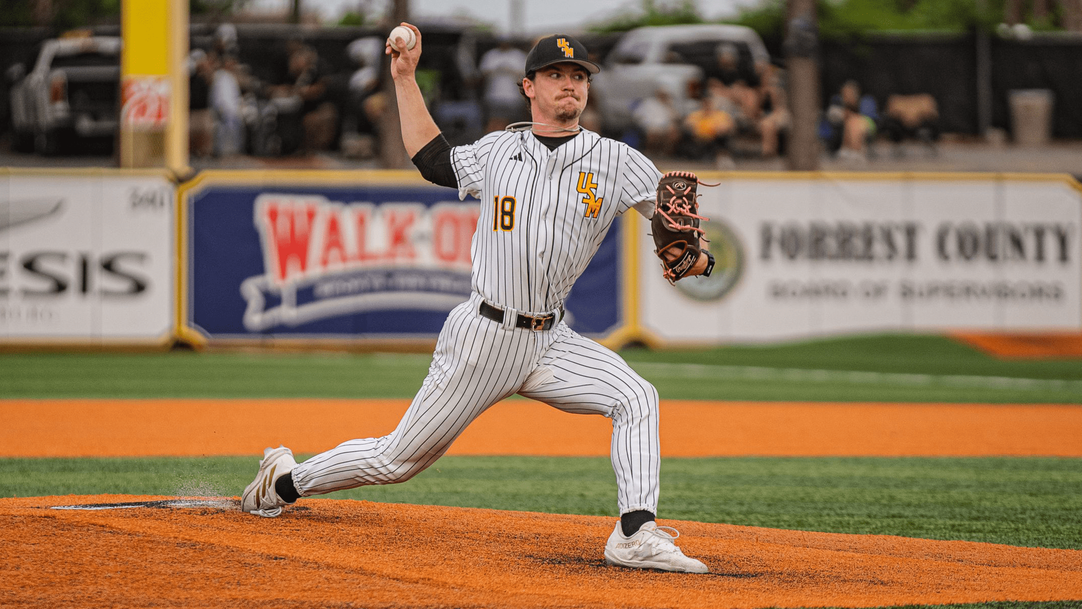 Southern Mississippi pitcher JB Middleton in the middle of his pitching motion.