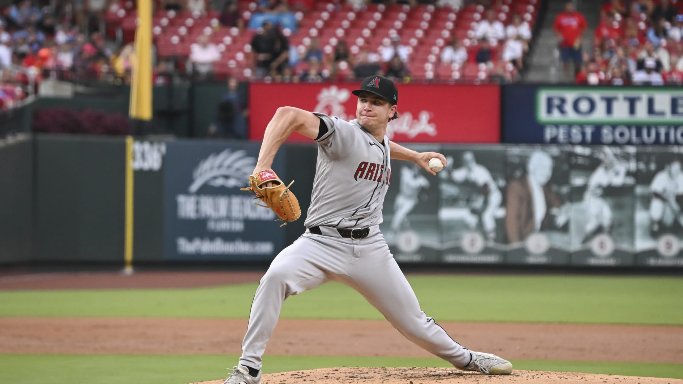 Mitch Bratt delivers a pitch for the Arizona Diamondbacks in his MLB debut at Busch Stadium in St. Louis.