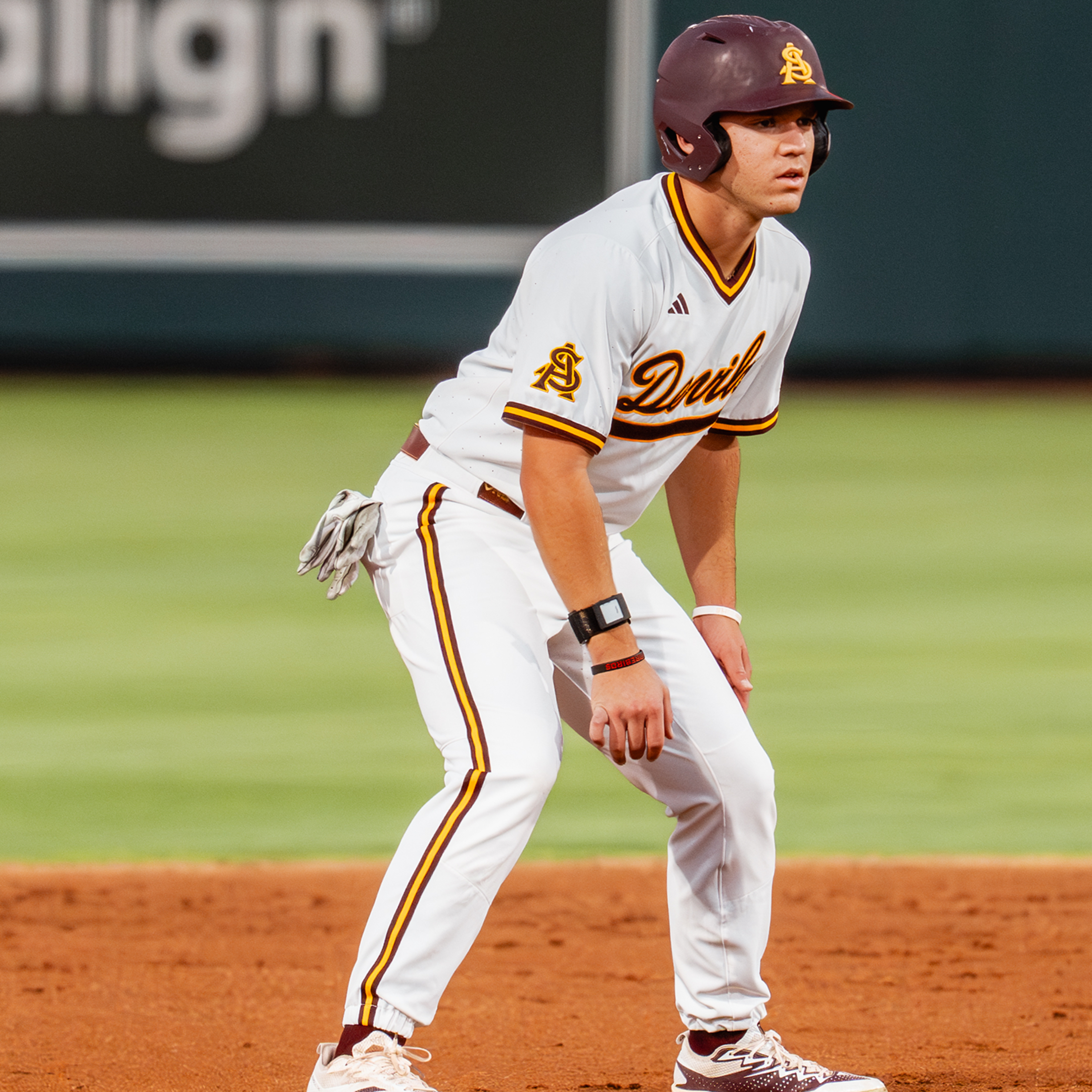 Arizona State outfielder Landon Hairston takes a lead off second base.