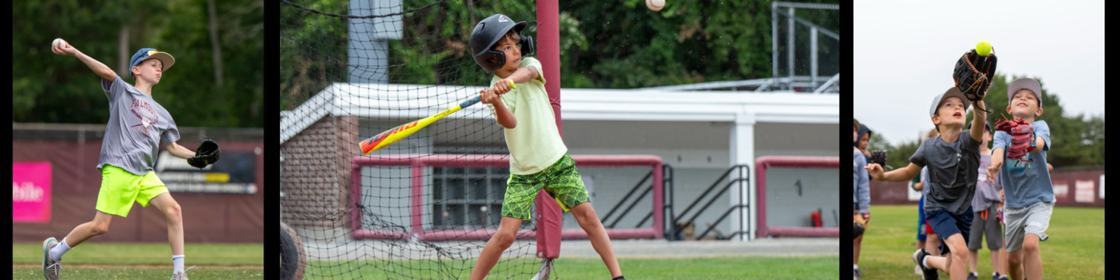 Three photos from Falmouth Commodores clinics, one of a child throwing a ball, one of a different child mid-swing and another of multiple kids trying to catch a ball with one about to catch it in his mitt.