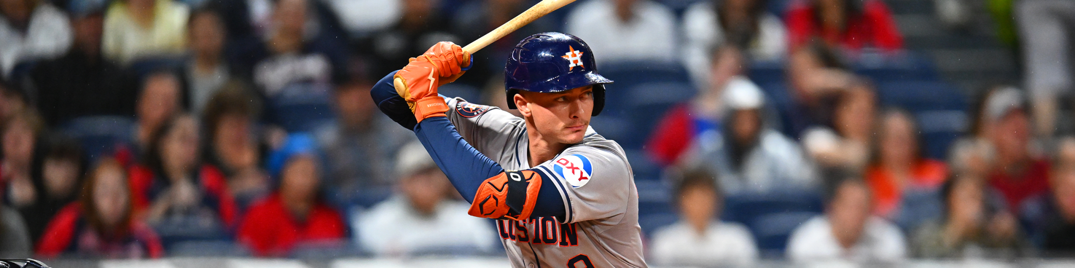 Zach Dezenzo in his batting stance for the Houston Astros in Cleveland.