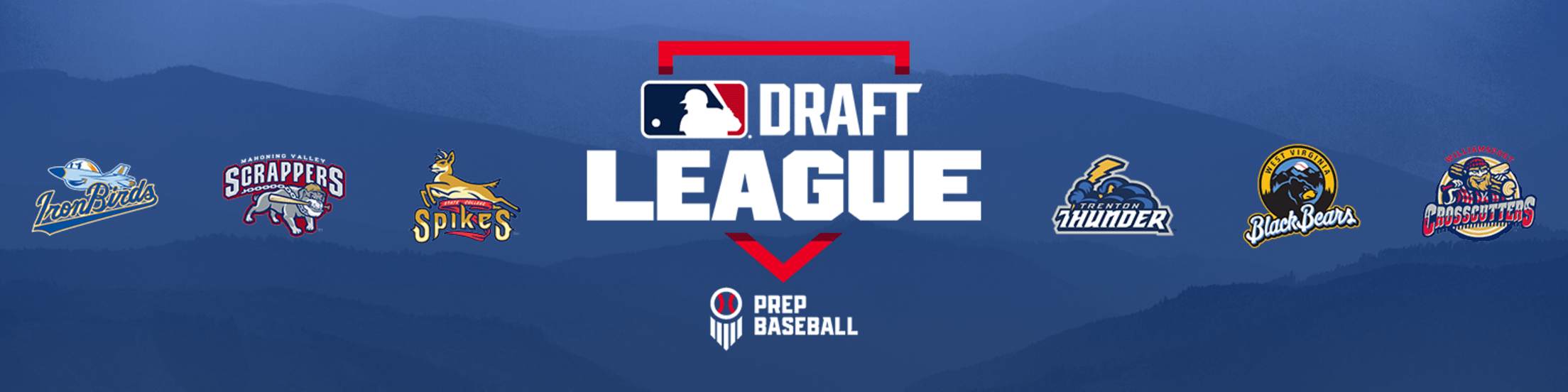 MLB Draft League logo centered with the six teams in alphabetical order by city name going left to right.