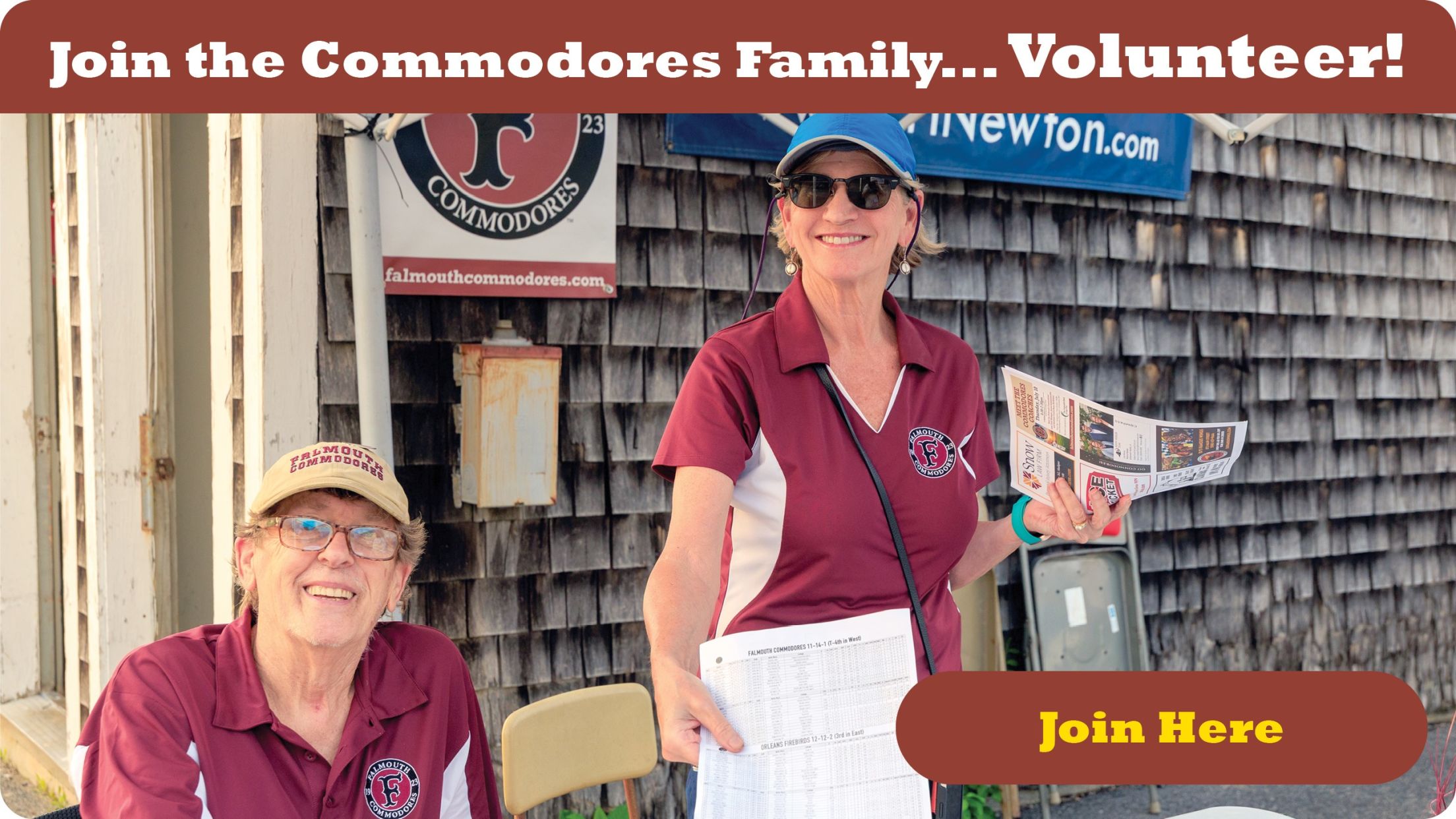 Text reads: "Join the Commodores Family...Volunteer!" with a "Join Here" button at the bottom, all overlaid on an image of two volunteers handing out a Y-D Red Sox roster page.