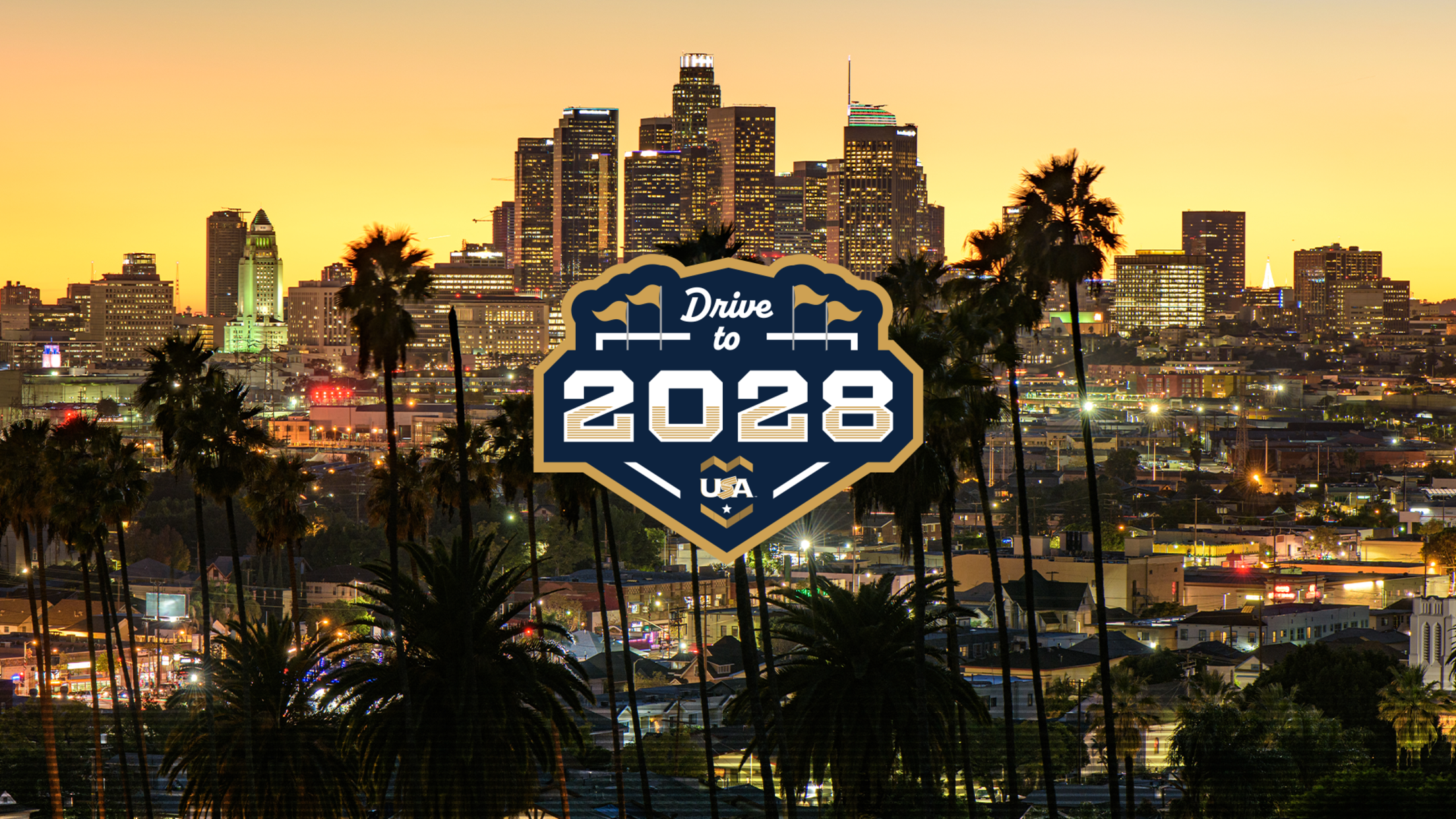 Drive to 2028 logo with LA skyline in the back