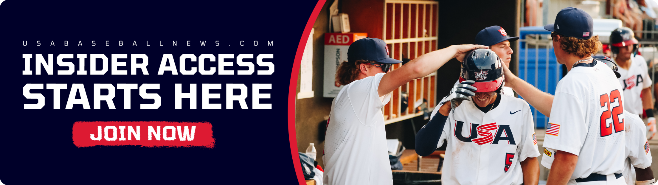 A picture of baseball players in a dugout tapping someone's helmet and text that says "Insider Access Starts Here"