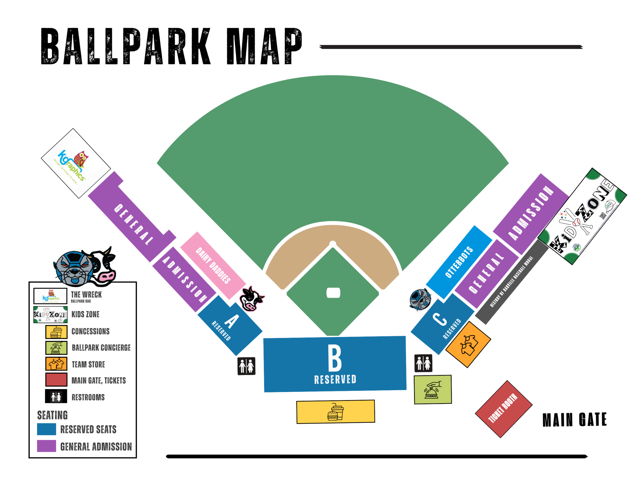 Danville Ballpark Map, noting Reserved Seats behind the plate, general admission sections along the baselines and other parts of the park.