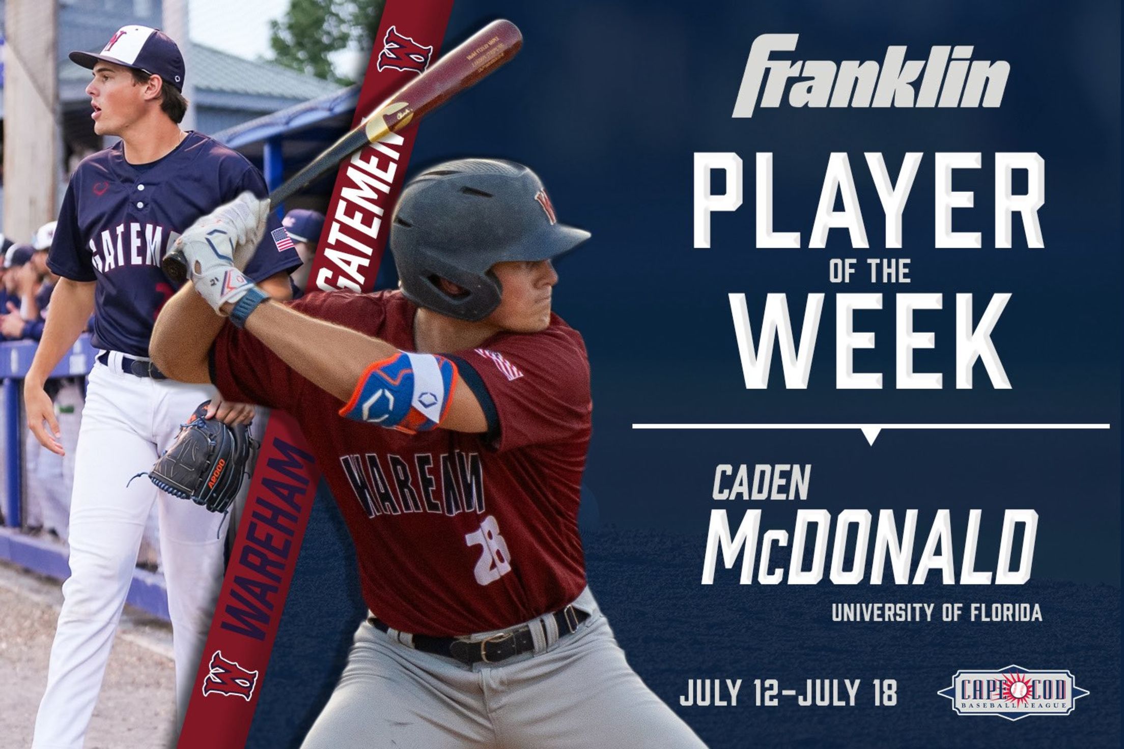 Cape Cod Baseball League Franklin Hitter of the Week: Cade McDonald of Wareham (University of Florida)