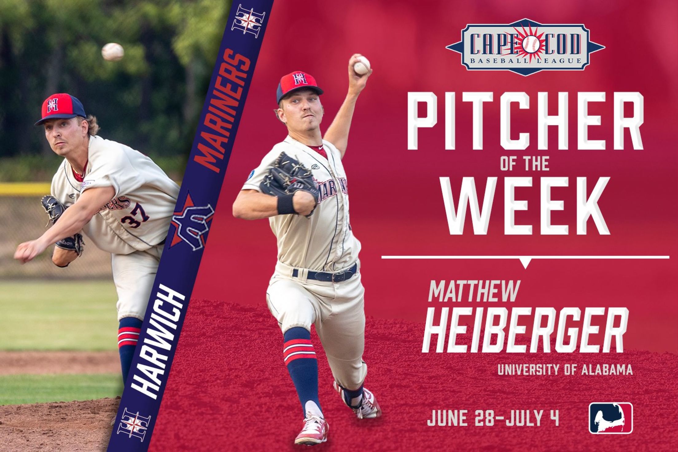 Cape Cod Baseball League Franklin Pitcher of the Week for June 28-July 4 - Matthew Heiberger (Harwich) from Alabama