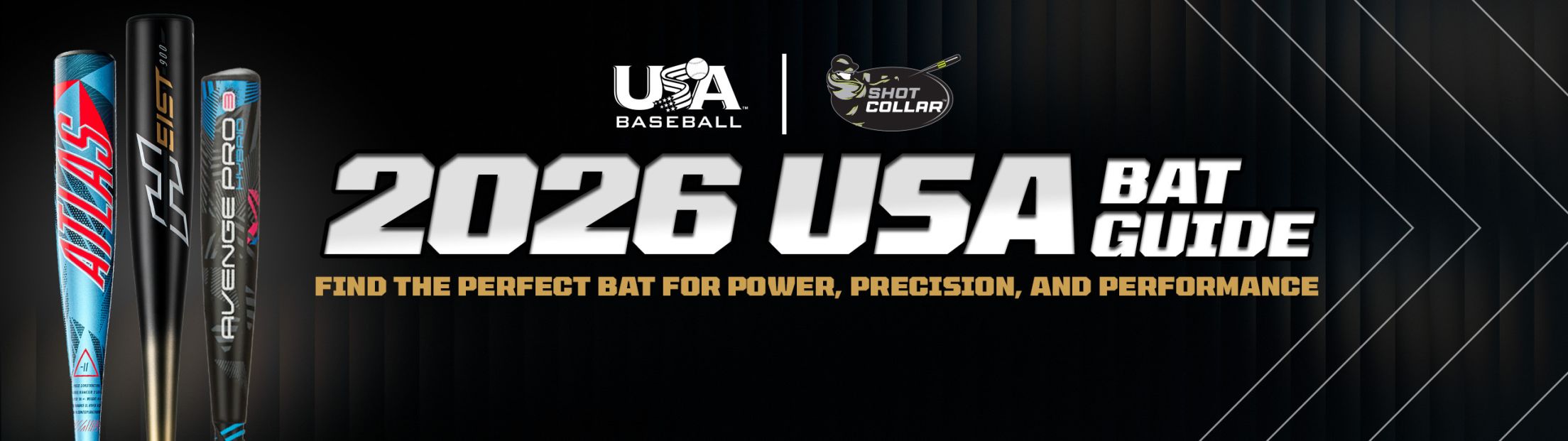 A graphic with three bat barrells on the left and text that reads "2026 USA Bat Guide" and "Find the perfect bat for power, precision, and performance"