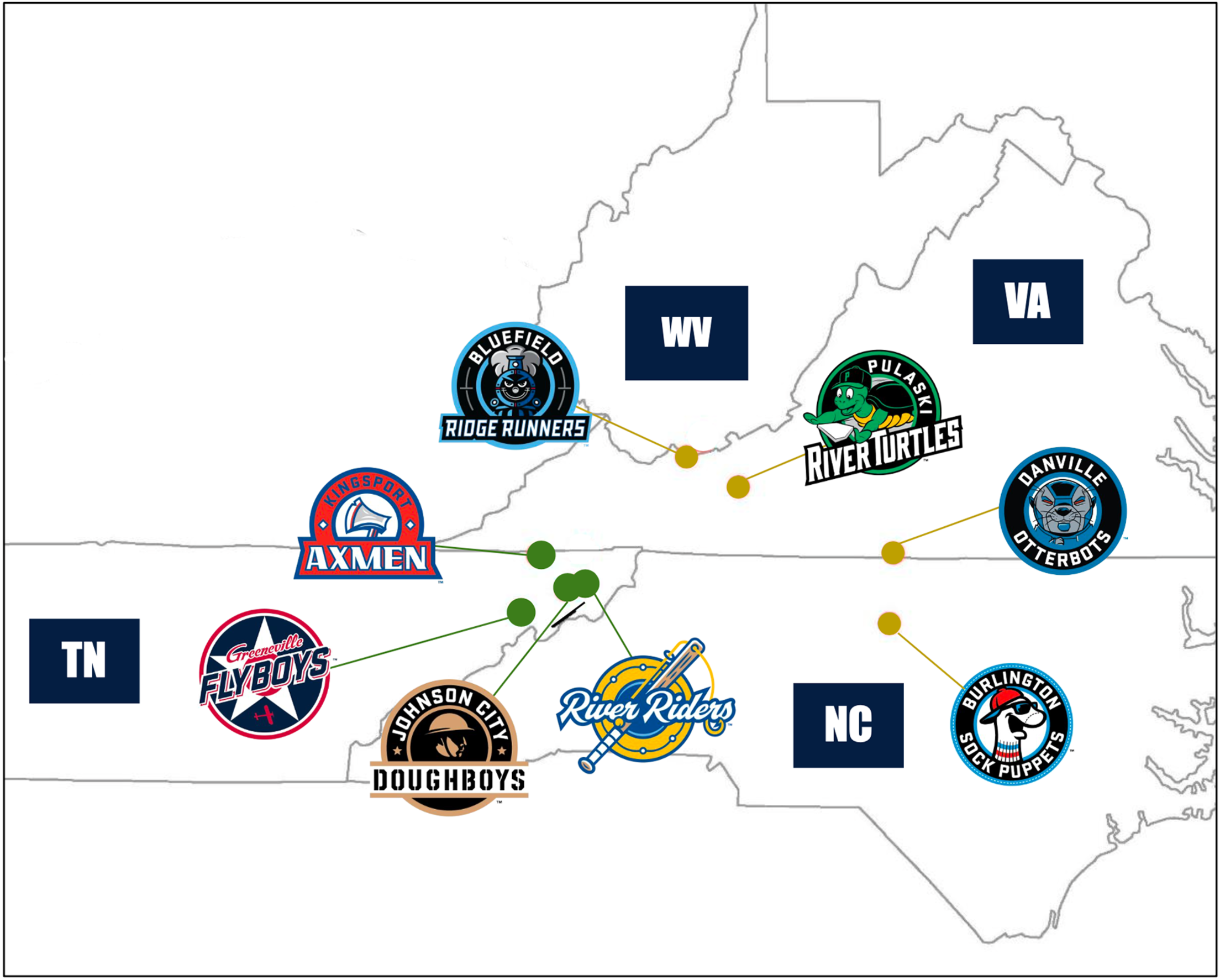 Map of WV, VA, NC and TN showing where the eight Appalachian League teams are located.