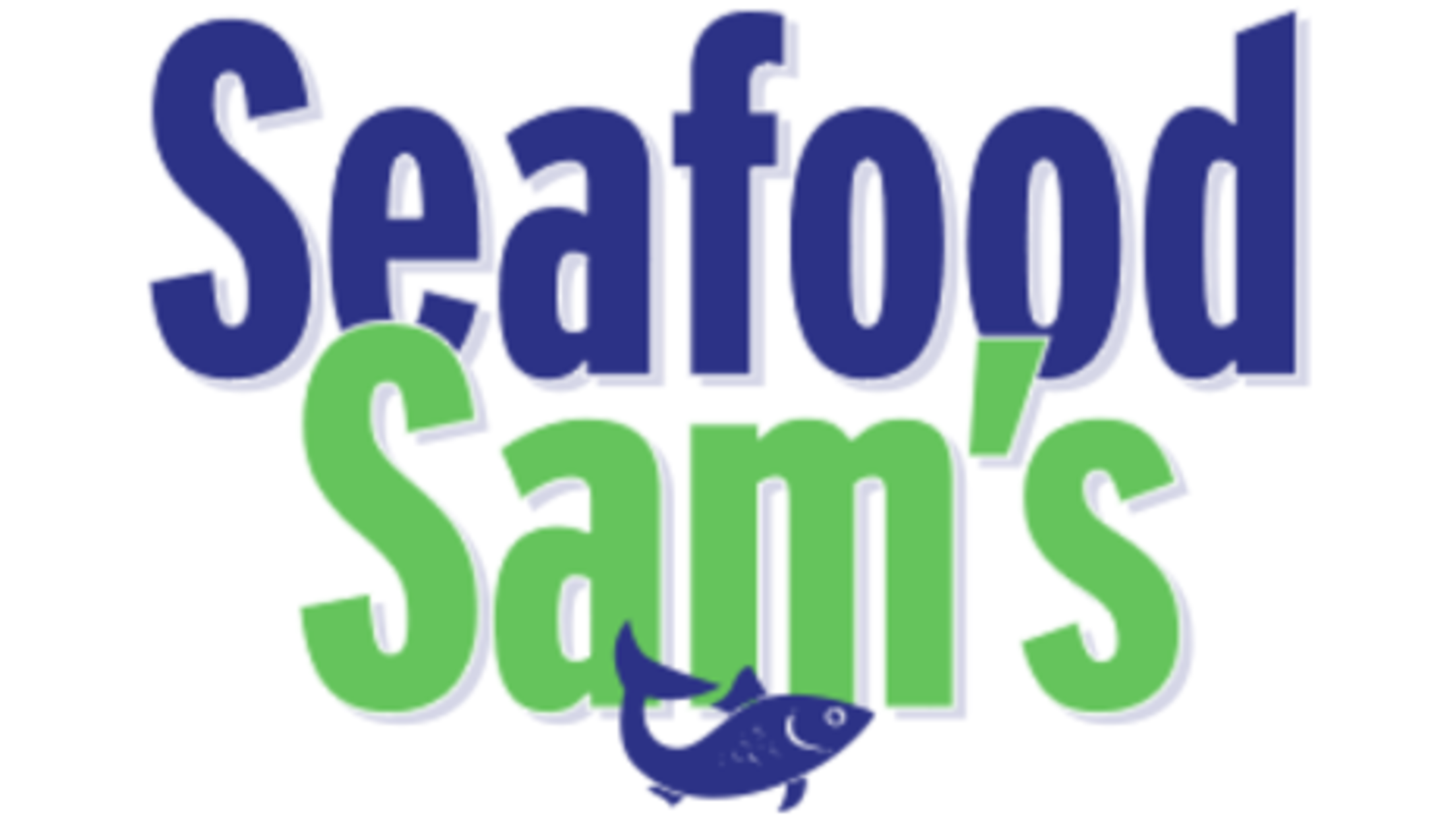 Seafood Sam's logo featuring a swimming blue fish at the bottom.
