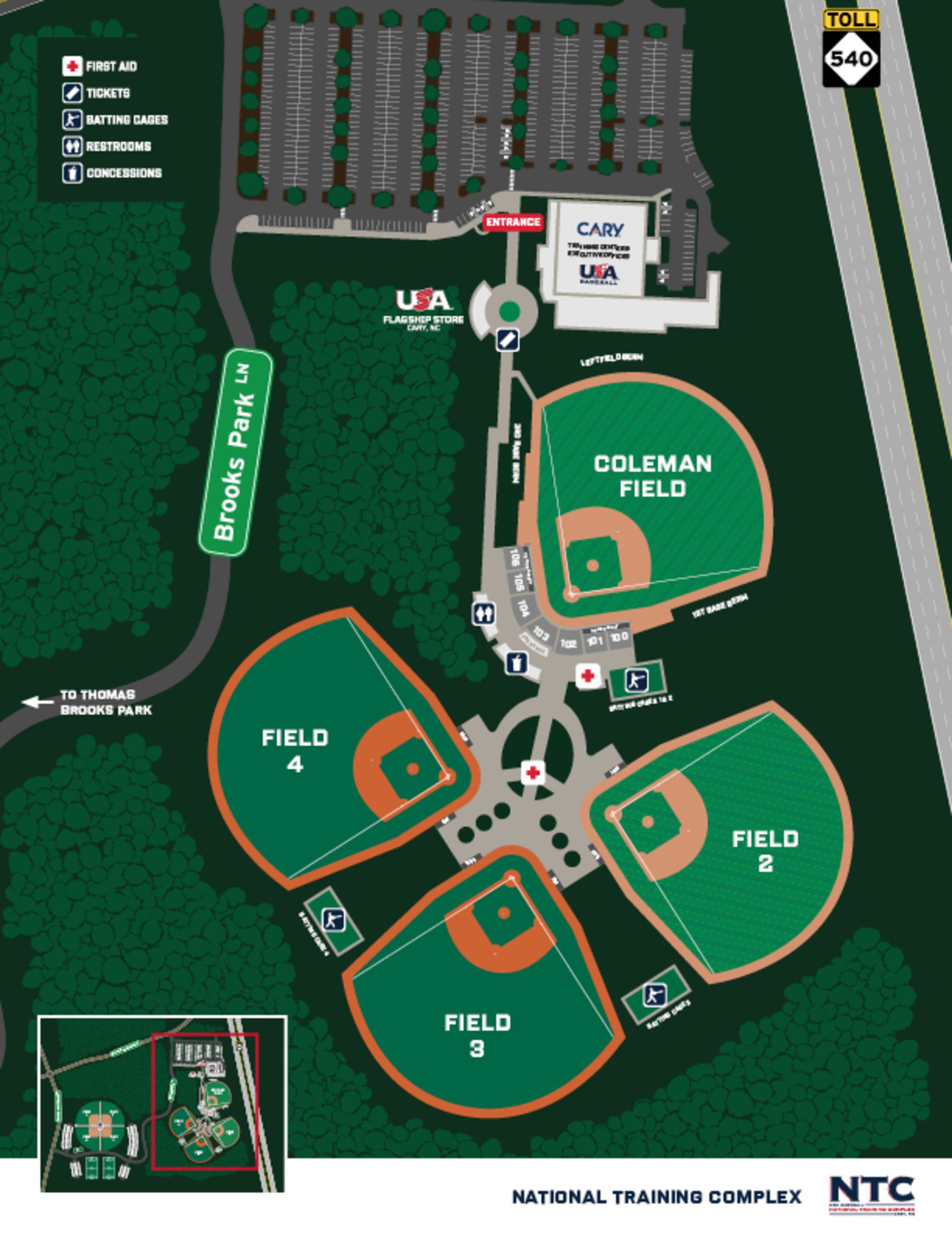 The facility map for USA Baseball's National Training Complex, featuring Coleman Field and Fields 2, 3 and 4.