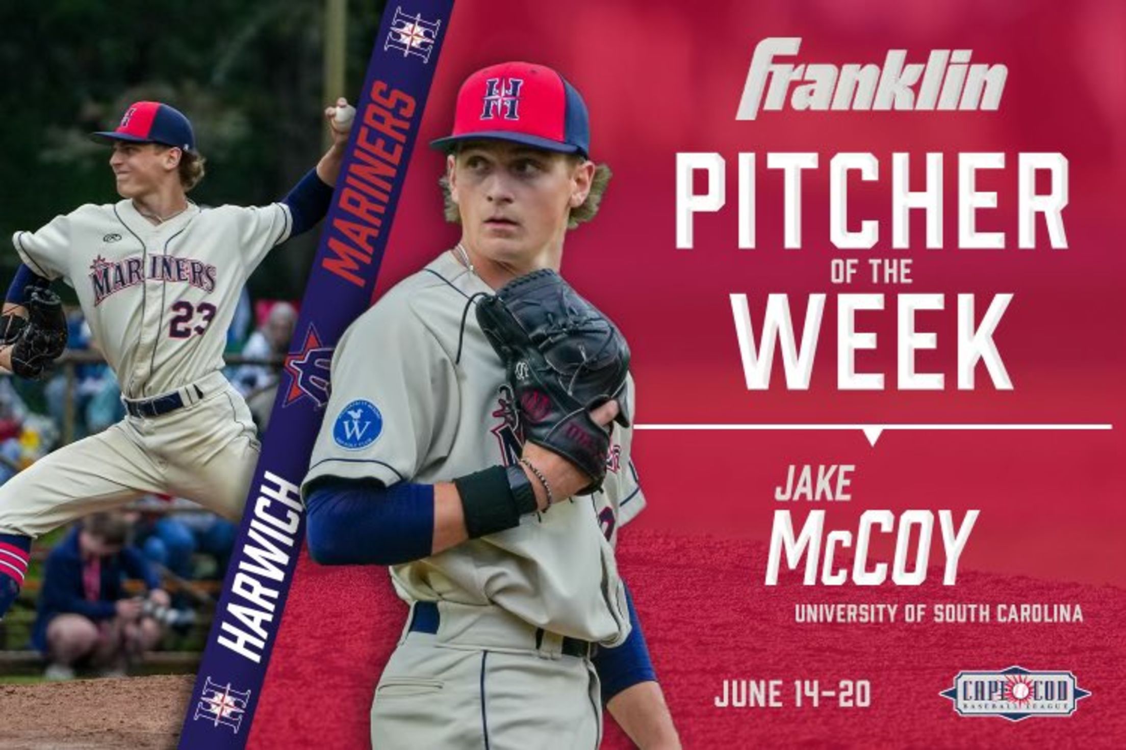 Franklin Sports Cape Cod Baseball League Pitcher of the Week - Jake McCoy, Harwich (South Carolina)
