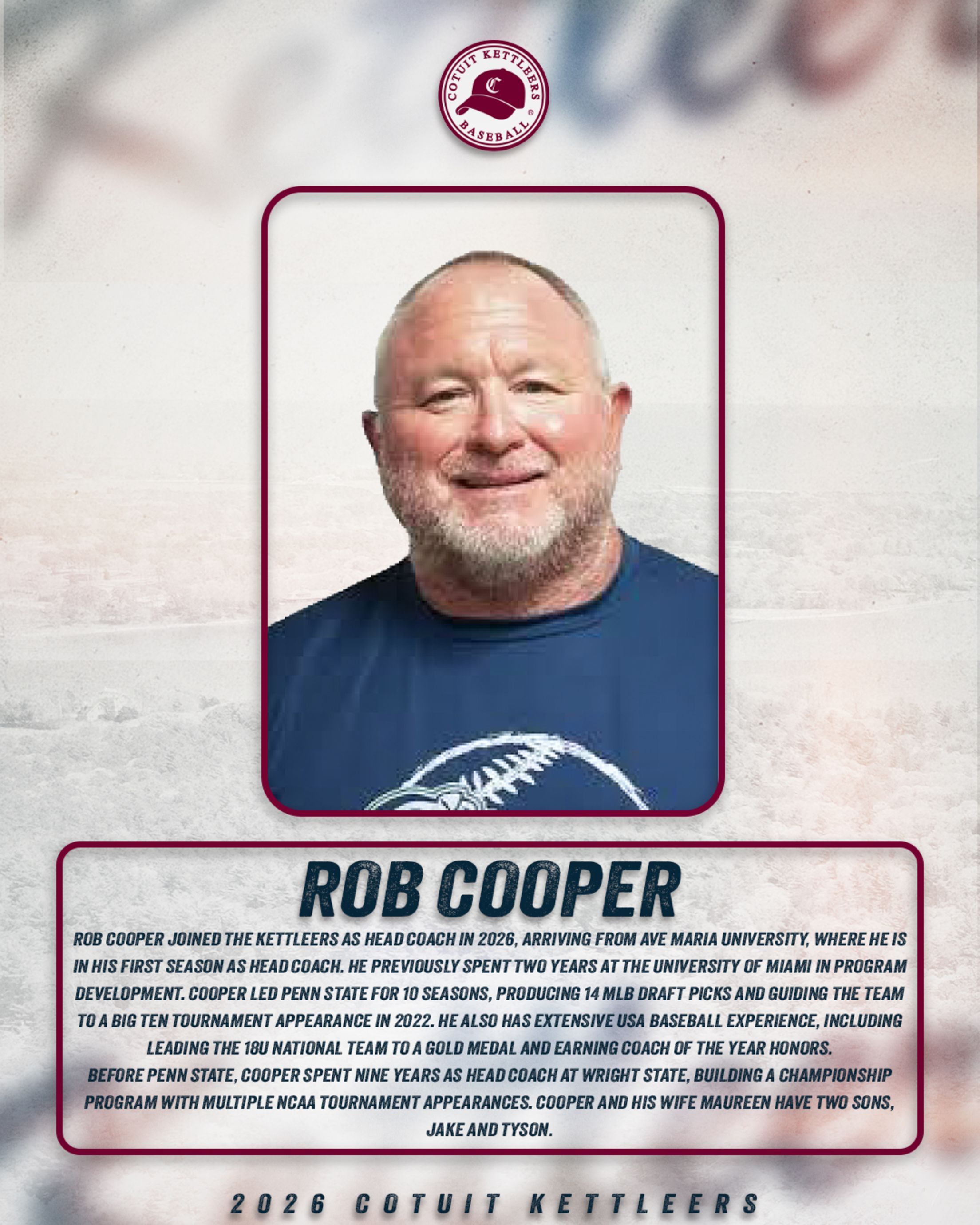 Cotuit Kettleers head coach Rob Cooper - Joined in 2026 from Ave Maria University, where he is the head coach. - Previously worked at University of Miami and Penn State - Has extensive USA Baseball experience, including leading the 18U National Team to a gold medal - Spent nine years as head coach at Wright State