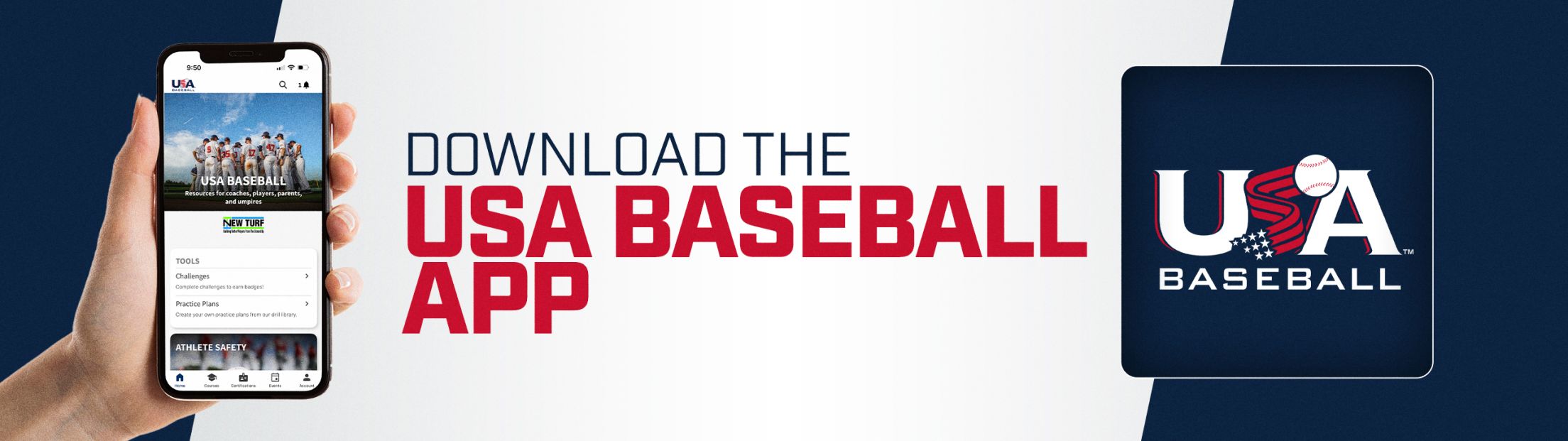 A phone with the USA Baseball app showing and text that says, "Download the USA Baseball App."