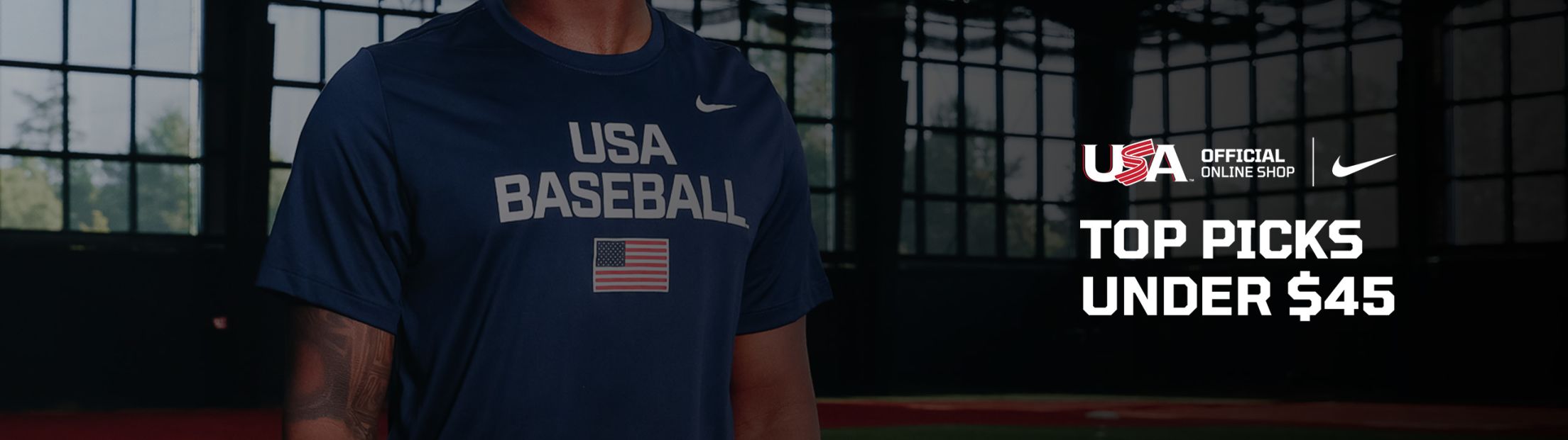 A graphic that says "Top picks under $45" with a person wearing a USA Baseball shirt