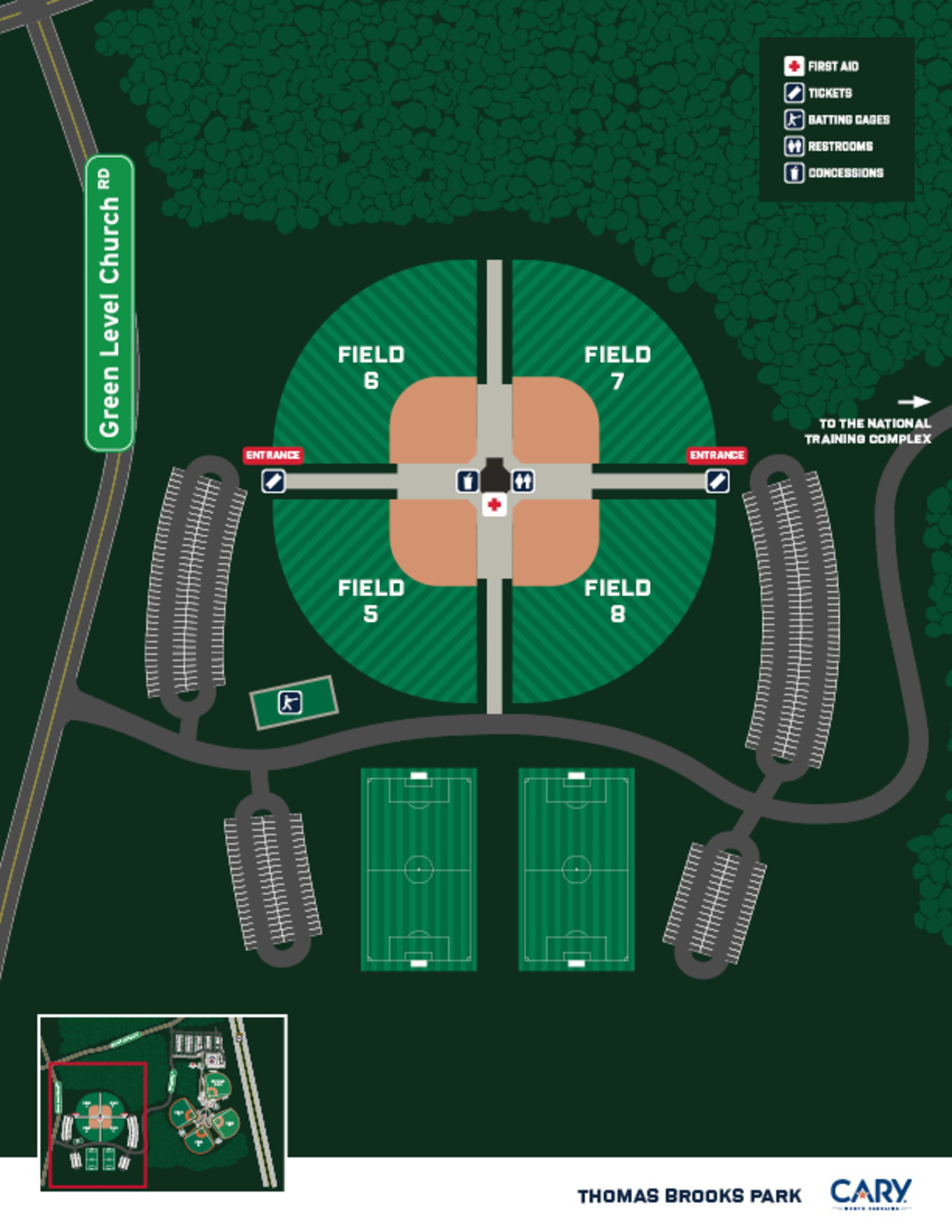 A facility map of Thomas Brooks Park, which features Fields 5, 6, 7 and 8 nearby to USA Baseball's National Training Complex.