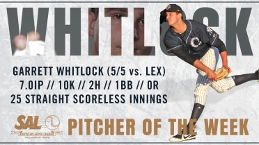 Whitlock Named South Atlantic League Pitcher of the Week