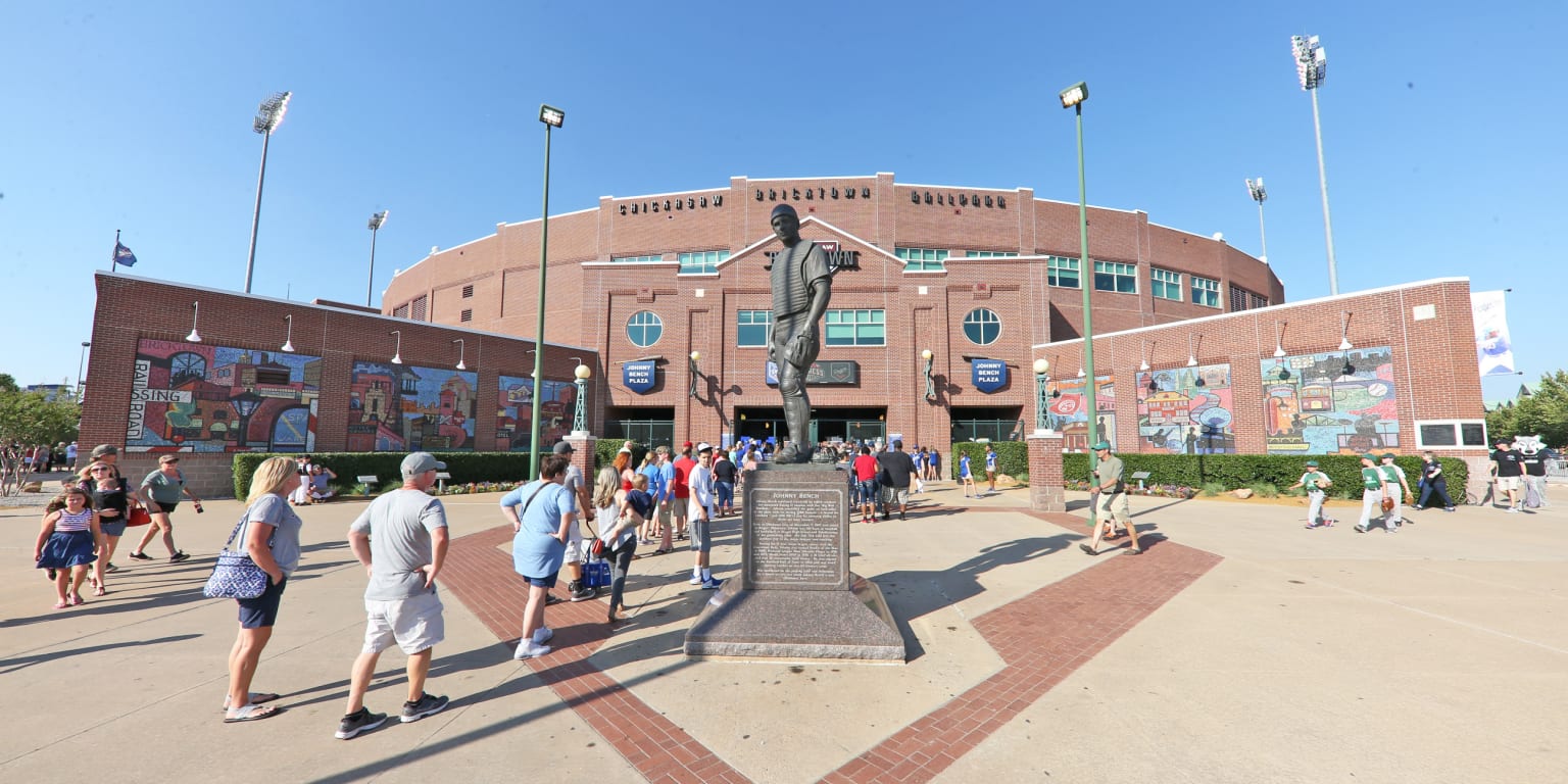 April 16, 2019: Oklahoma City Dodgers mascot Brooklyn dances on the dugout  during a baseball game between the Omaha Storm Chasers and the Oklahoma  City Dodgers at Chickasaw Bricktown Ballpark in Oklahoma