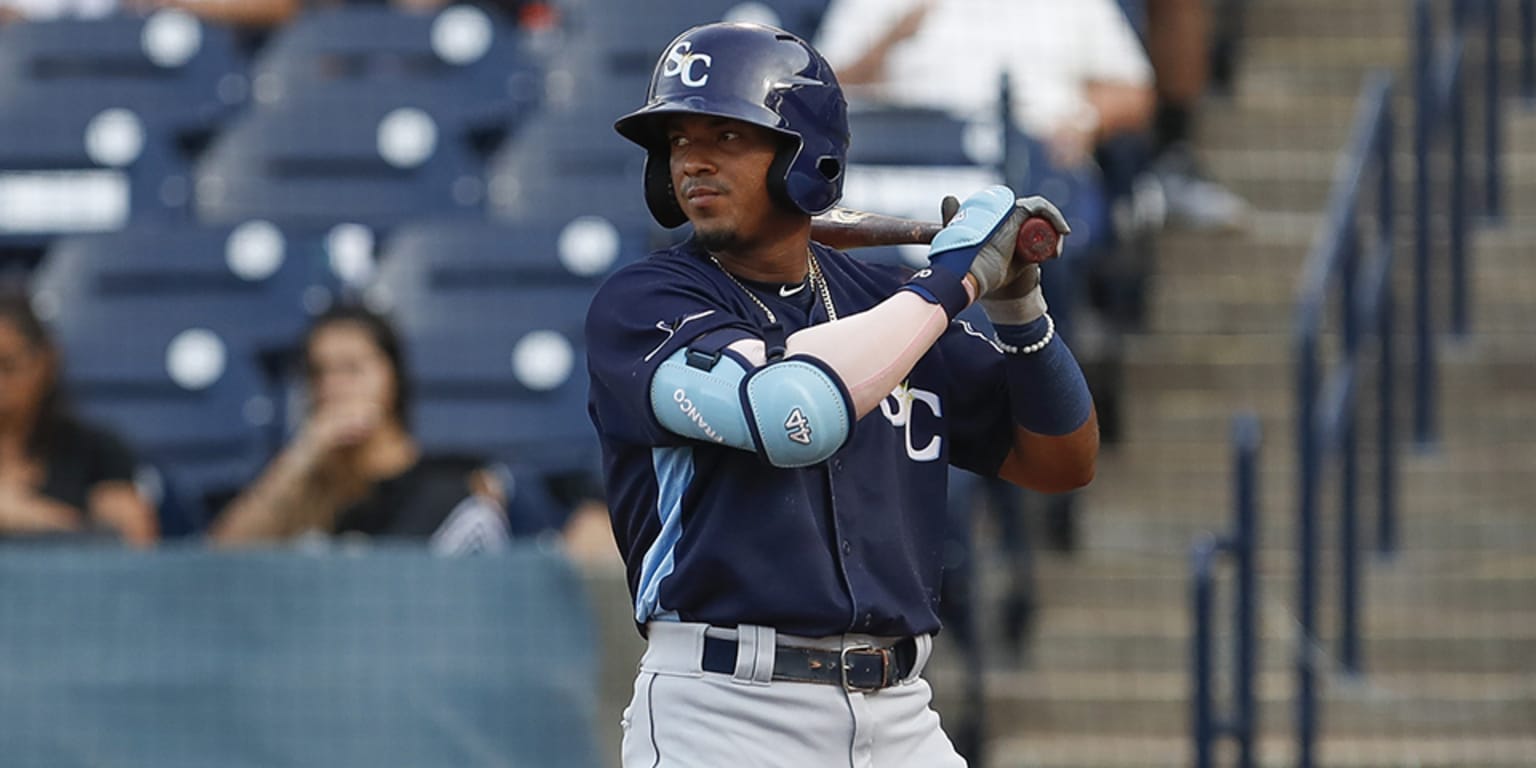 Tampa Bay Rays' Wander Franco, left, and Vidal Brujan, wearing a